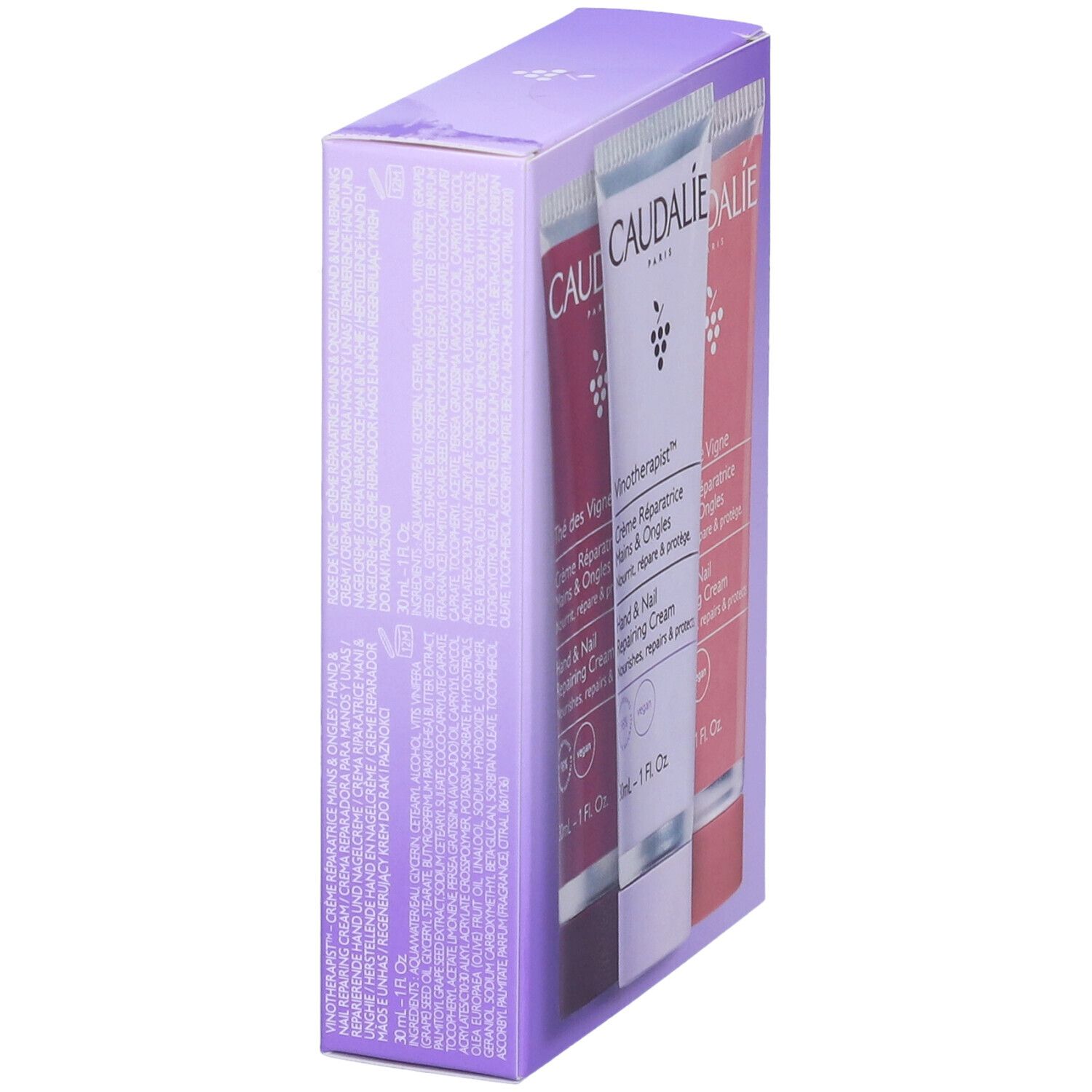 Confezione con informazioni prodotto. Logo Caudalie, nomi prodotti, ingredienti, sigillo vegano, 1 fl. oz. per tubo.