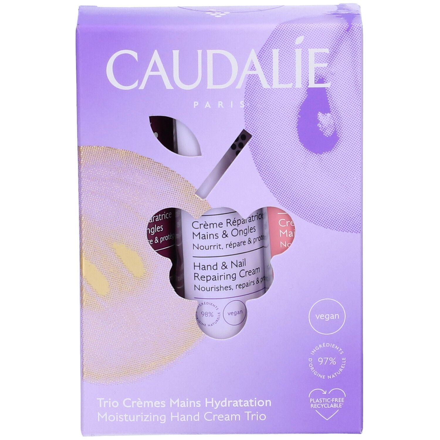 Confezione con tre creme mani. Logo Caudalie, nomi prodotti, sigillo vegano, 97% ingredienti di origine naturale.