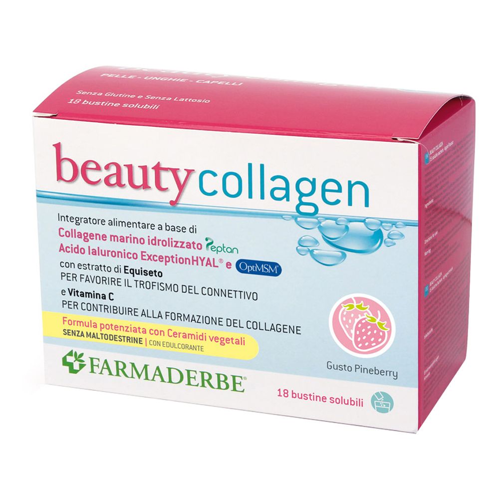 Scatola "beauty collagen" con 18 bustine solubili. Marchio Farmaderbe e dettagli prodotto visibili.