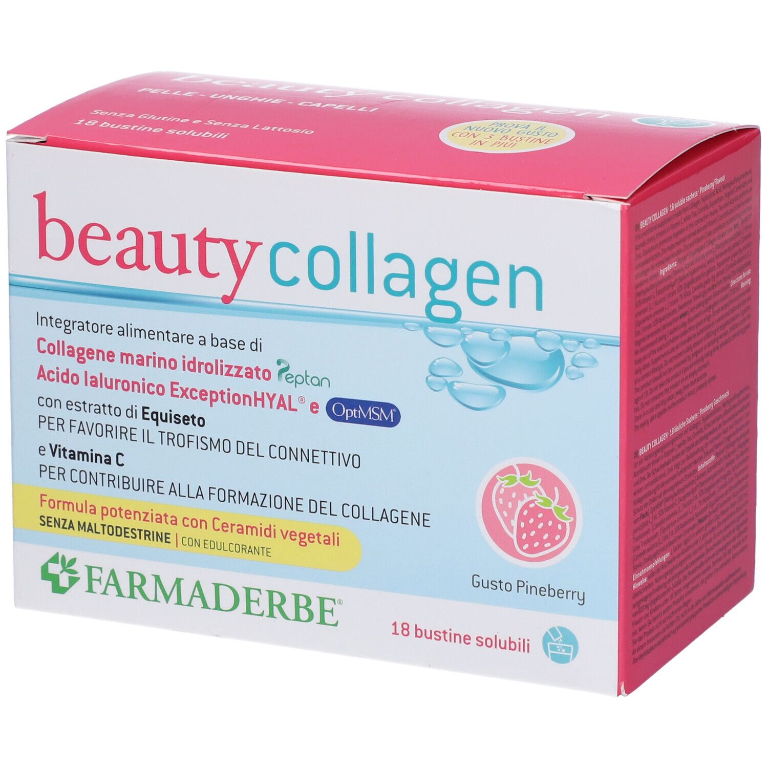 Scatola "beauty collagen" con 18 bustine solubili. Marchio Farmaderbe e dettagli prodotto visibili.