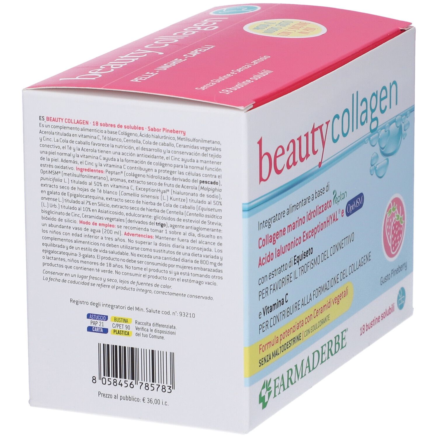 Scatola "beauty collagen" con 18 bustine solubili. Marchio Farmaderbe e dettagli prodotto visibili.