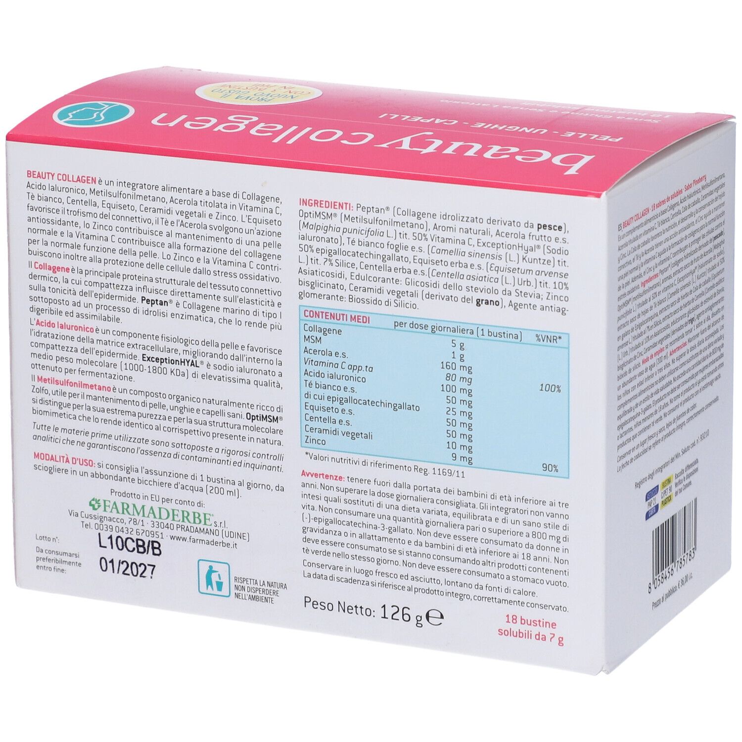 Scatola "beauty collagen" con 18 bustine solubili. Marchio Farmaderbe e dettagli prodotto visibili.