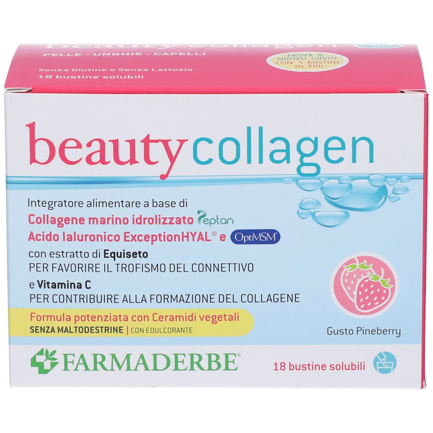 Scatola "beauty collagen" con 18 bustine solubili. Marchio Farmaderbe e dettagli prodotto visibili.