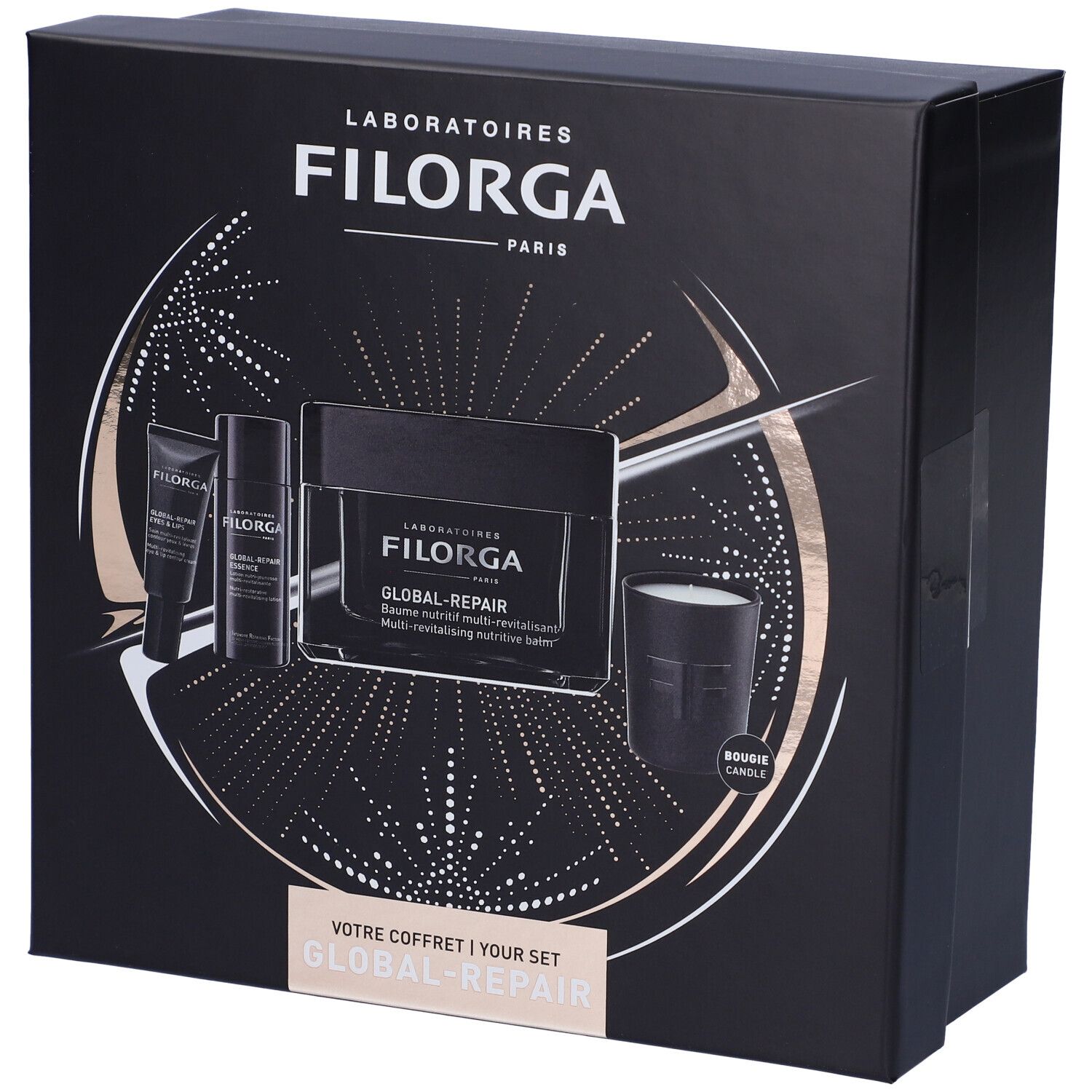 Confezione regalo nera Filorga. Contiene crema, lozione, contorno occhi e labbra, candela. Scritta: Global-Repair.