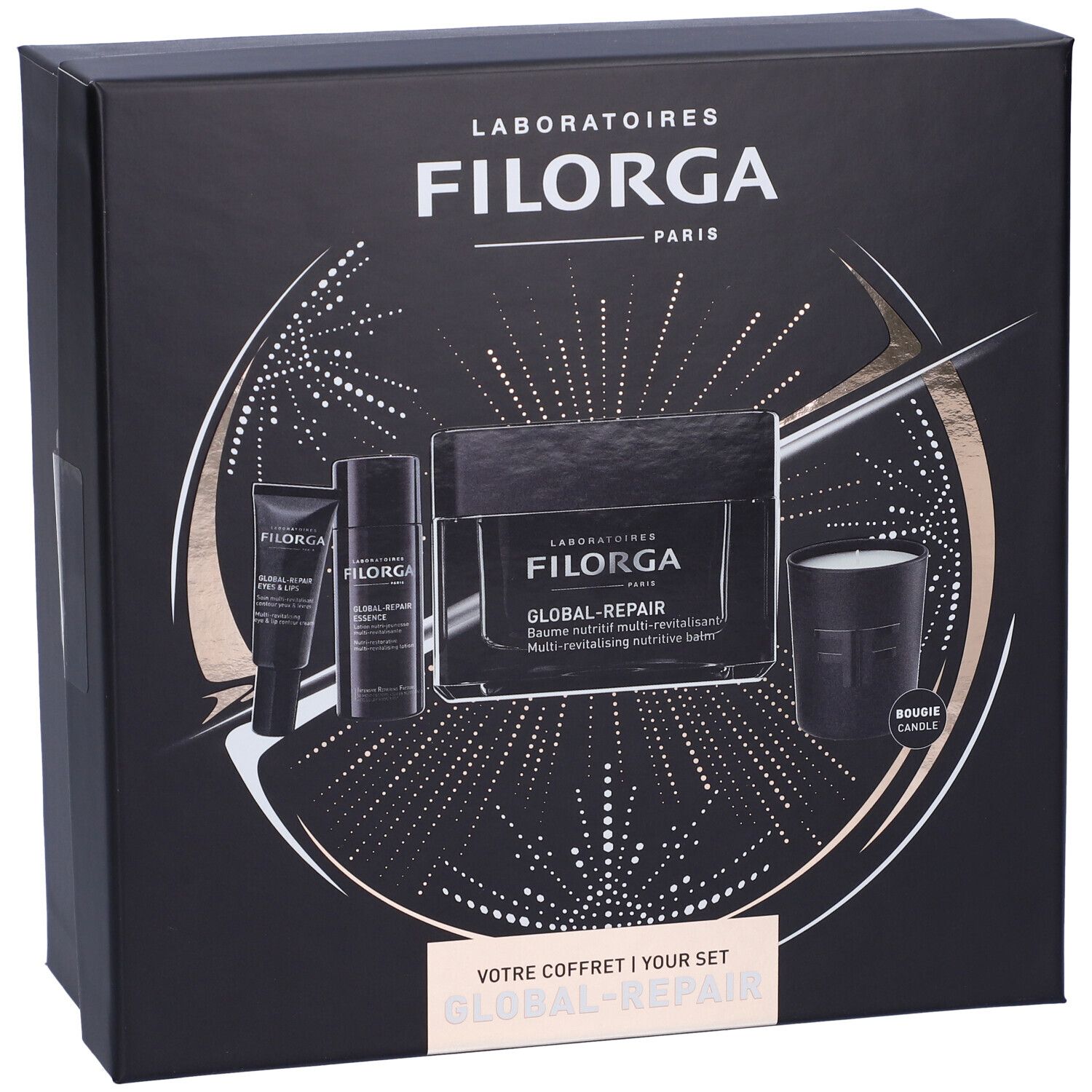 Set regalo Filorga. Contiene crema, lozione, contorno occhi, candela. Testo: Global-Repair, il tuo set.