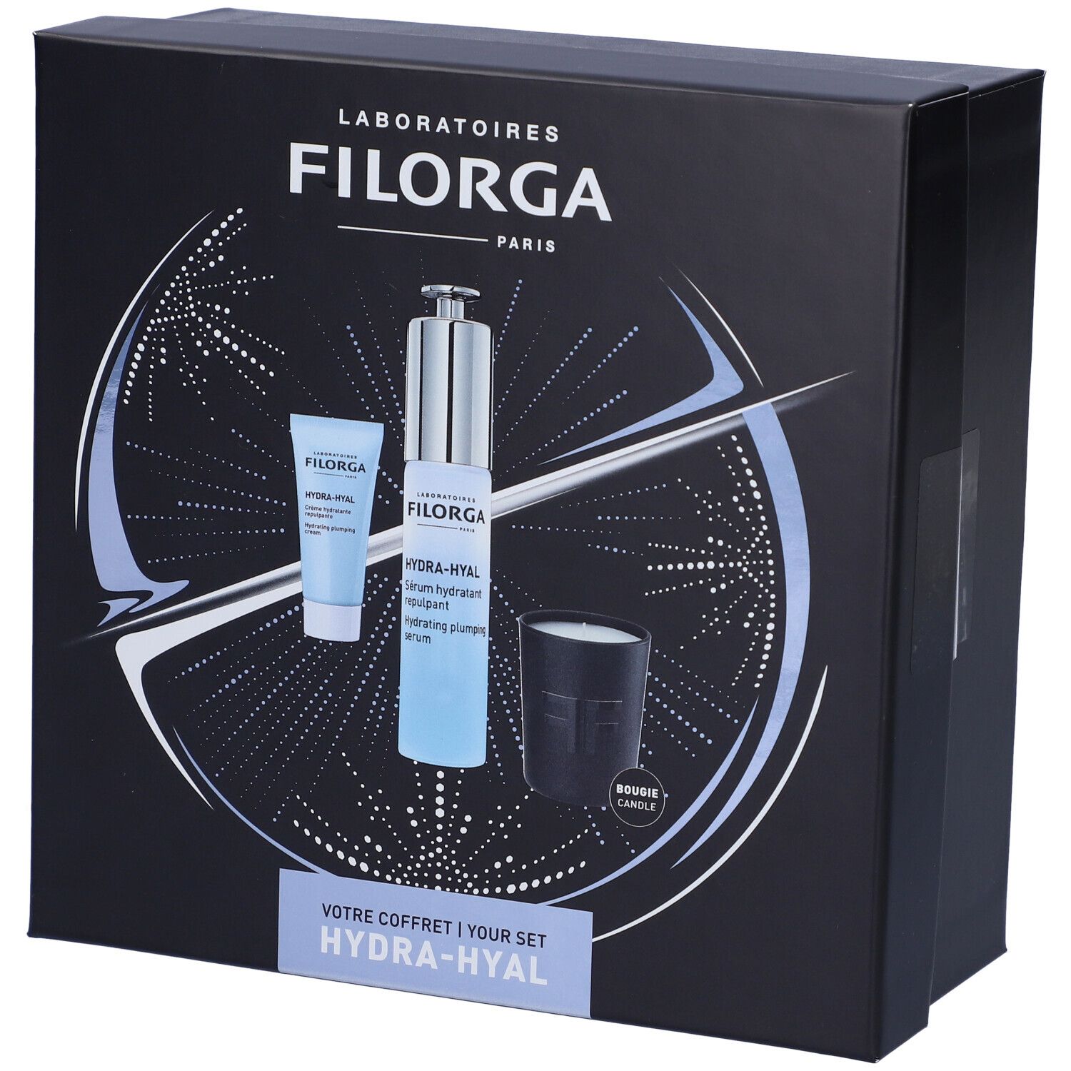 Confezione regalo nera Filorga Hydra-Hyal. Contiene siero, crema e candela. Scritta: Hydra-Hyal.