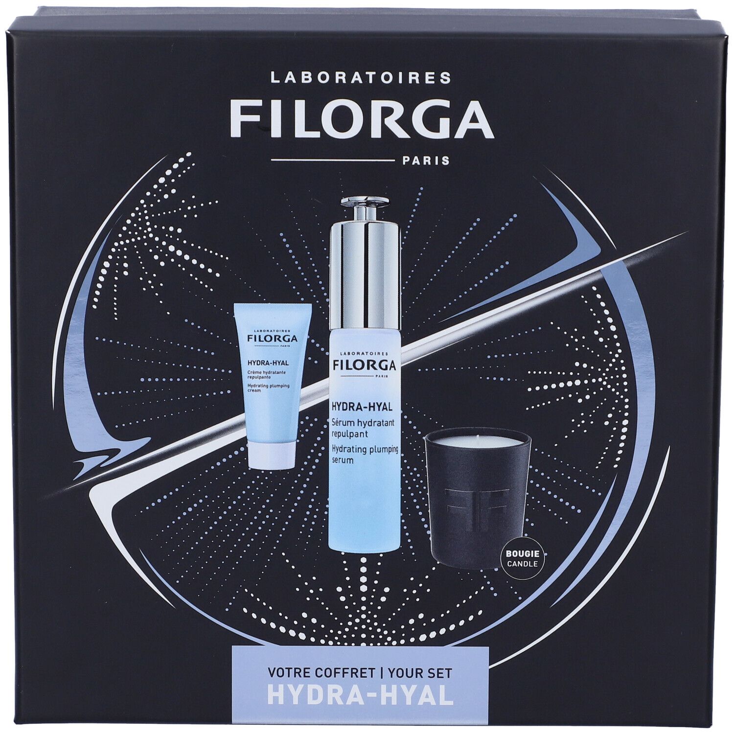 Confezione regalo Filorga. Contiene siero, crema e candela. Scritta: Hydra-Hyal.