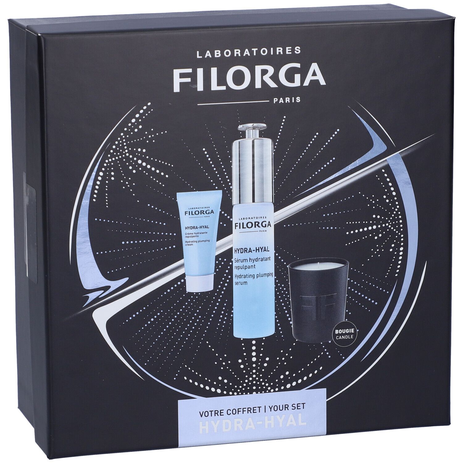 Confezione regalo Filorga. Contiene siero, crema e candela. Scritta: Hydra-Hyal.