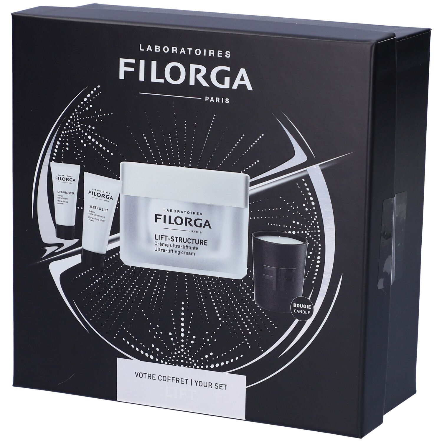 Confezione regalo nera Filorga. Contiene crema, tubi e candela. Testo: Lift-Structure, Votre Coffret. Design bianco su nero.