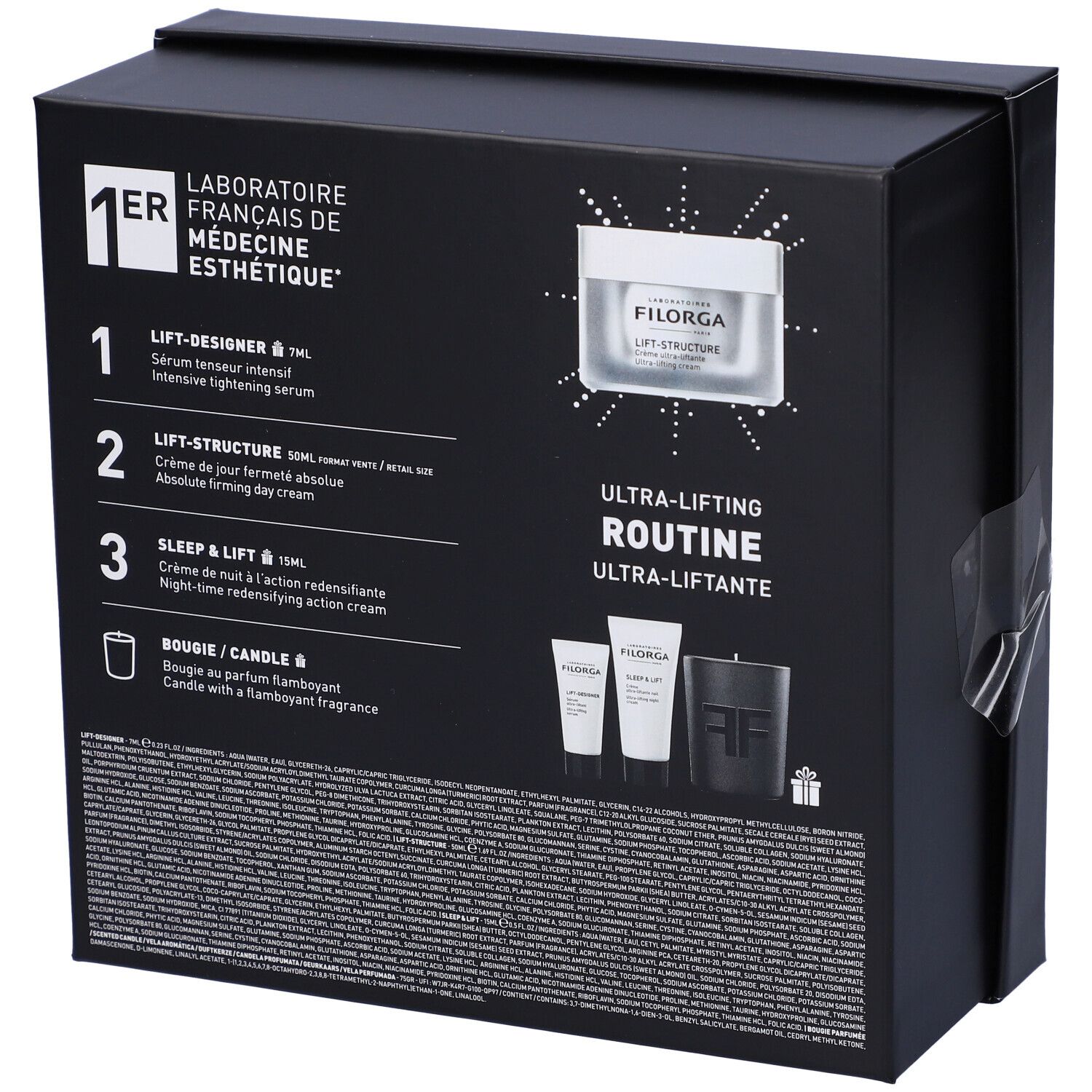 Retro della confezione regalo nera Filorga. Elenco prodotti e ingredienti. Testo: Routine Ultra-liftante.