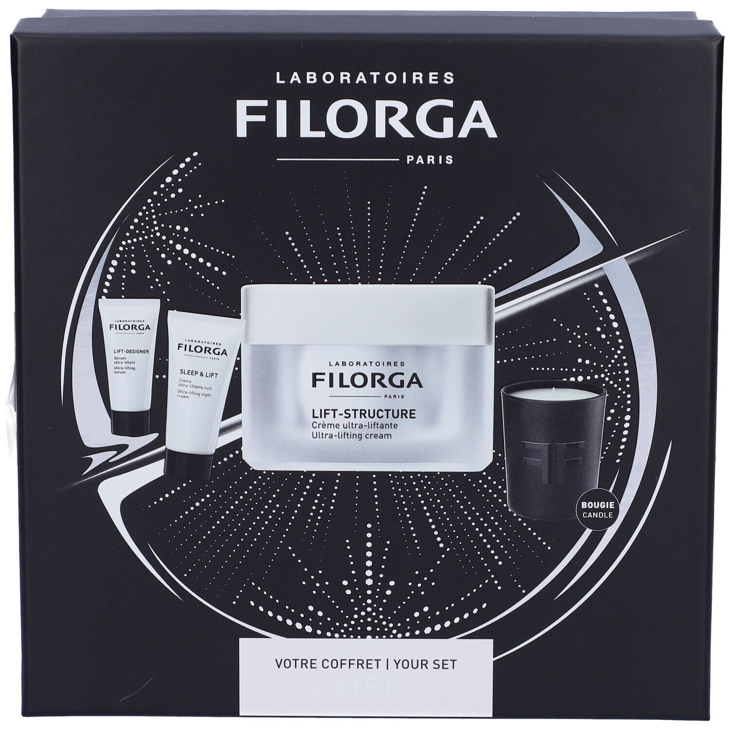 Confezione regalo nera Filorga. Contiene crema, tubi e candela. Testo: Lift-Structure, Votre Coffret. Design bianco.