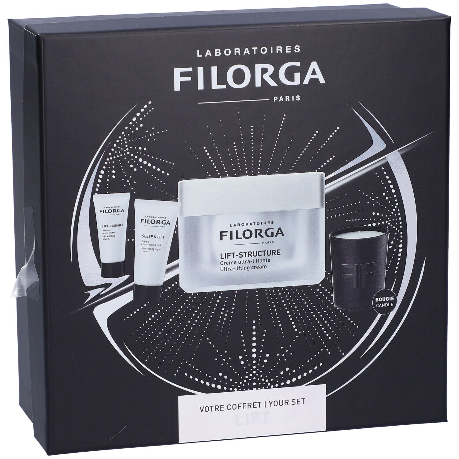 Confezione regalo nera Filorga. Contiene crema, tubi e candela. Testo: Lift-Structure, Votre Coffret. Design bianco.