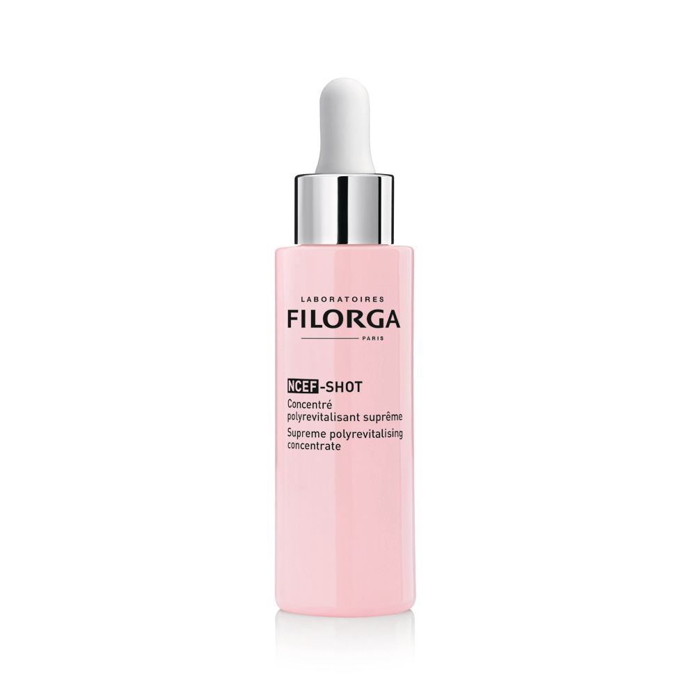 Flacone rosa con pipetta. Scritto: Filorga, NCEF-SHOT. Concentrato.