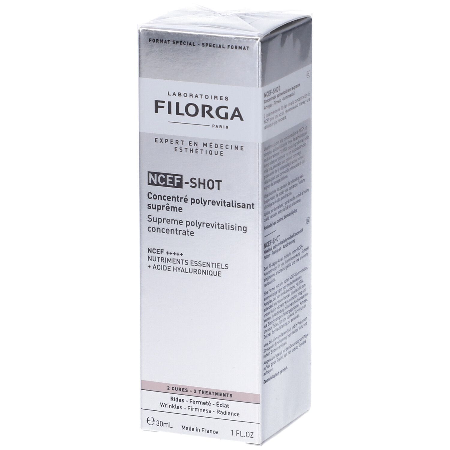 Scatola Filorga NCEF-Shot. Scritto: Expert en Médecine Esthétique. Contiene 30ml.