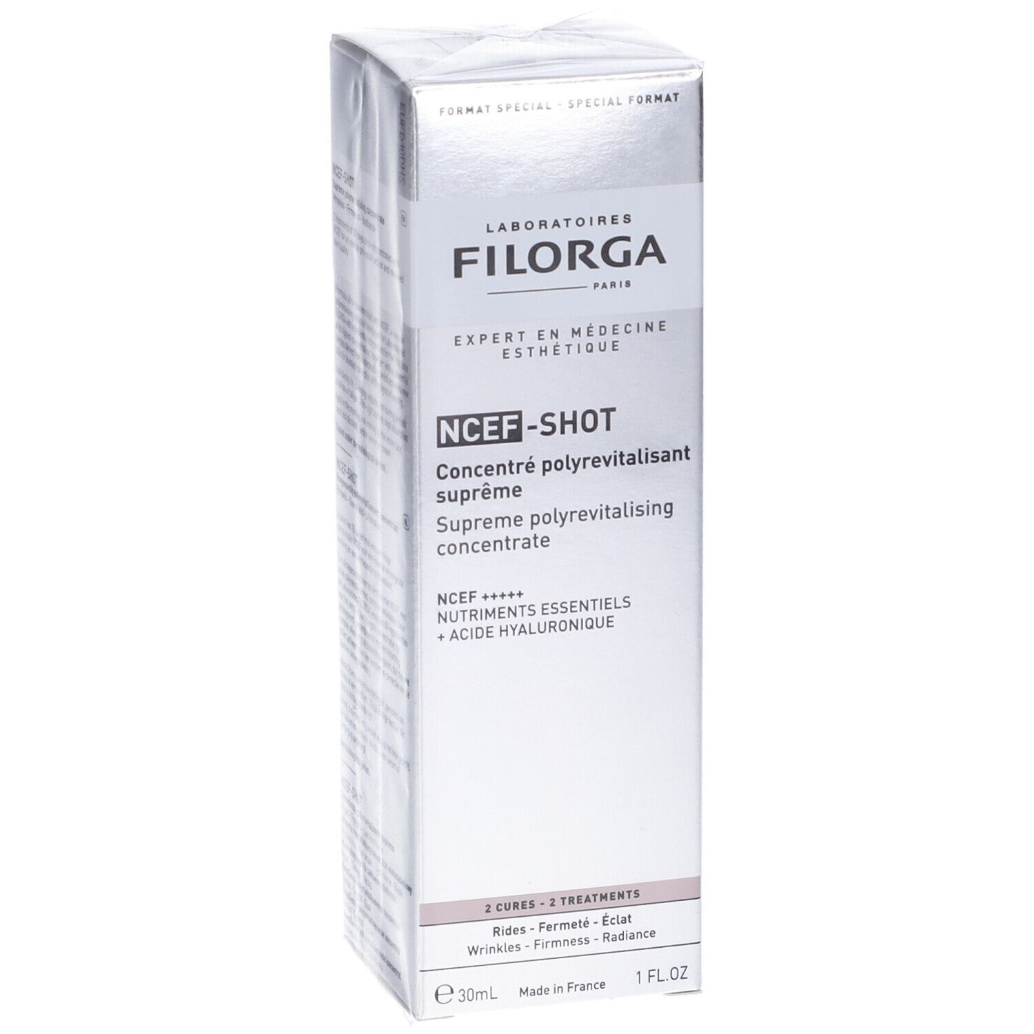 Scatola Filorga NCEF-Shot. Scritto: Expert en Médecine Esthétique. Contiene 30ml.