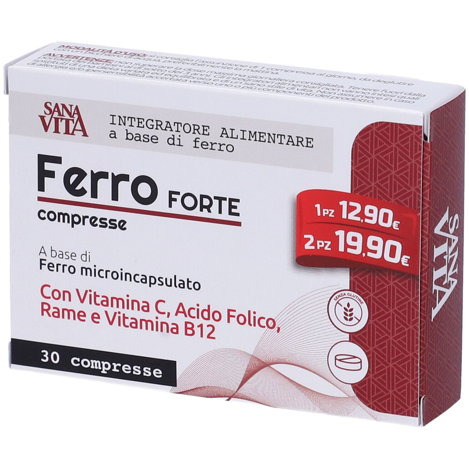 Scatola di Sanavita Ferro Forte Compresse. Contiene 30 compresse. Con Vitamina C, acido folico, rame e Vitamina B12. Prezzi esposti.
