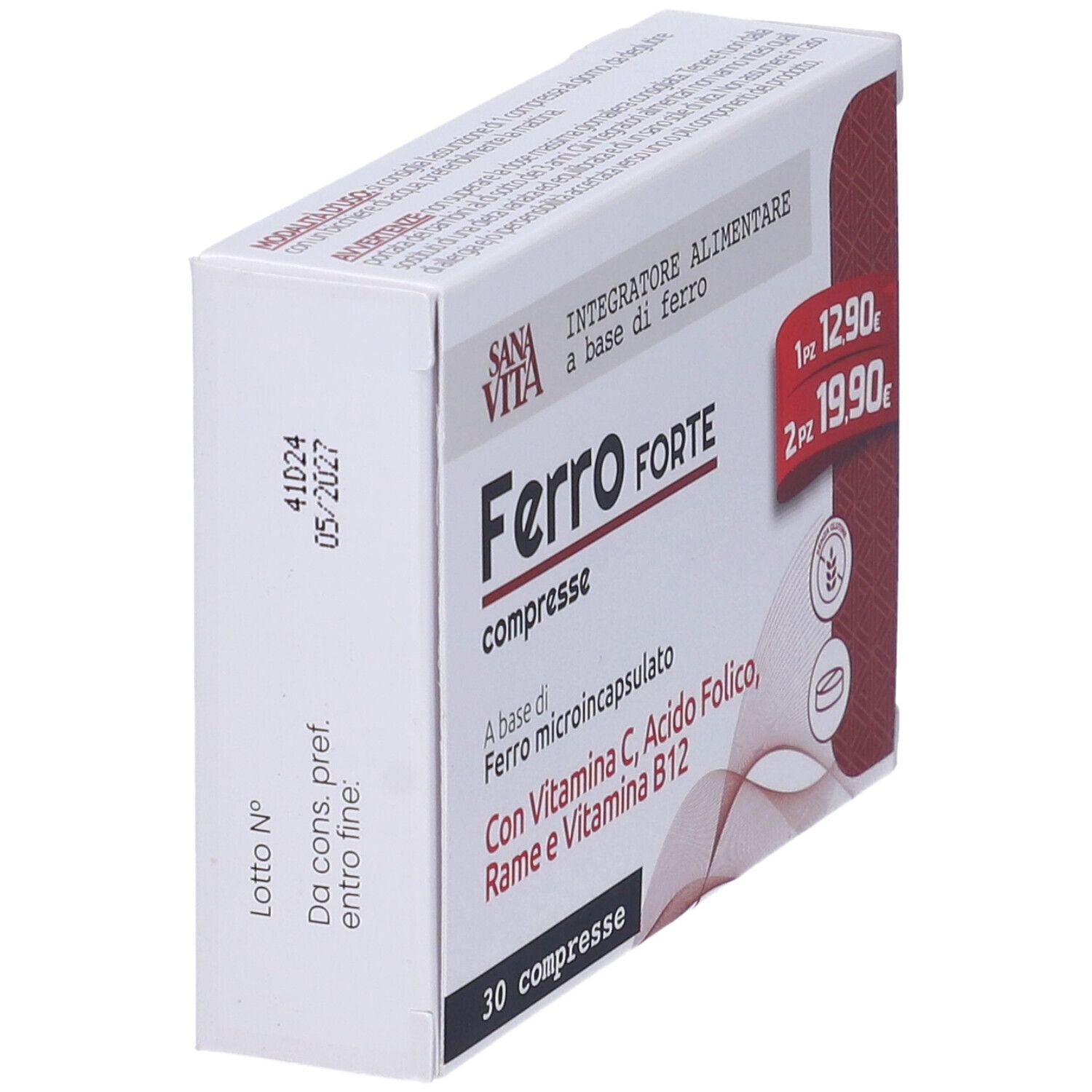 Scatola Sanavita Ferro Forte Compresse. Contiene 30 compresse. Con Vitamina C, acido folico, rame e Vitamina B12. Data di scadenza.