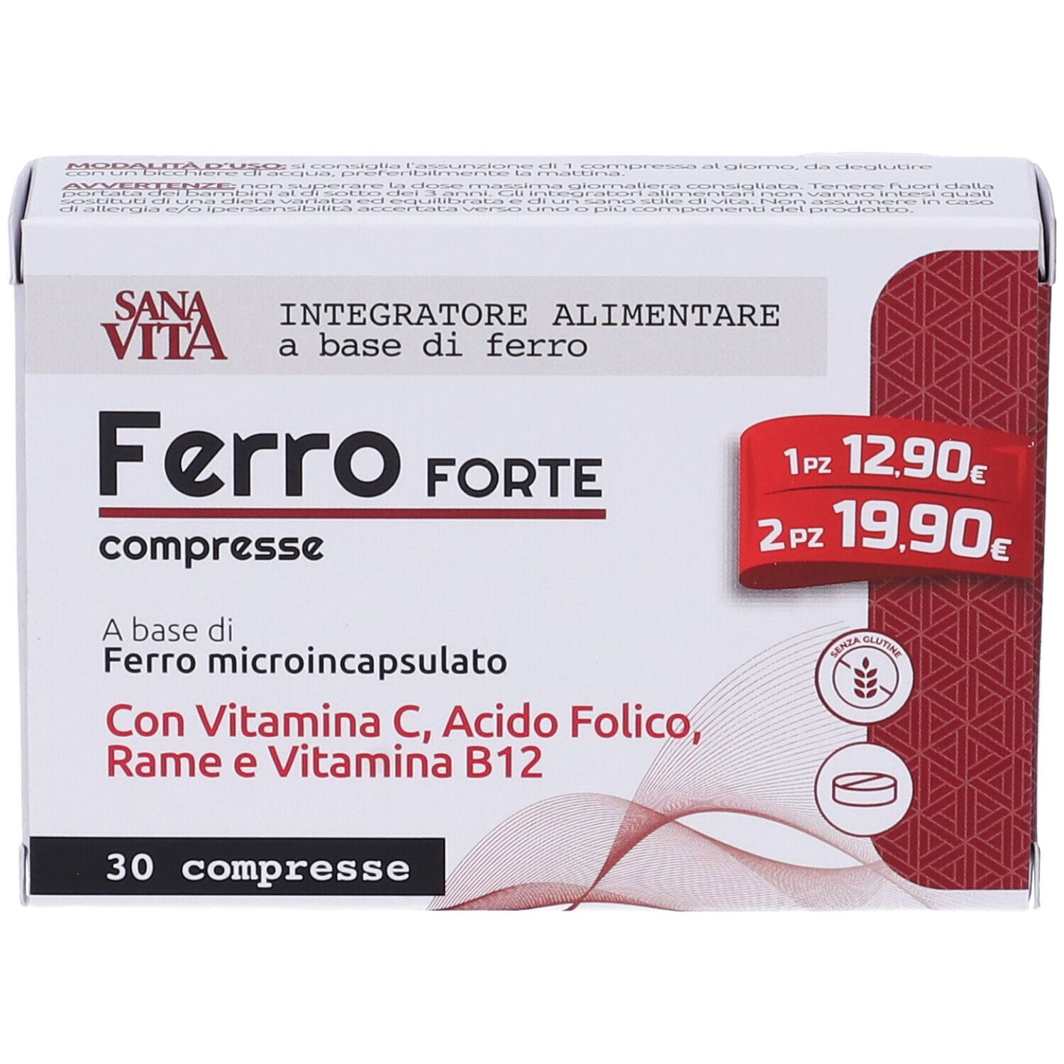 Scatola di Sanavita Ferro Forte Compresse. Contiene 30 compresse. Con Vitamina C, acido folico, rame e Vitamina B12. Prezzi esposti.