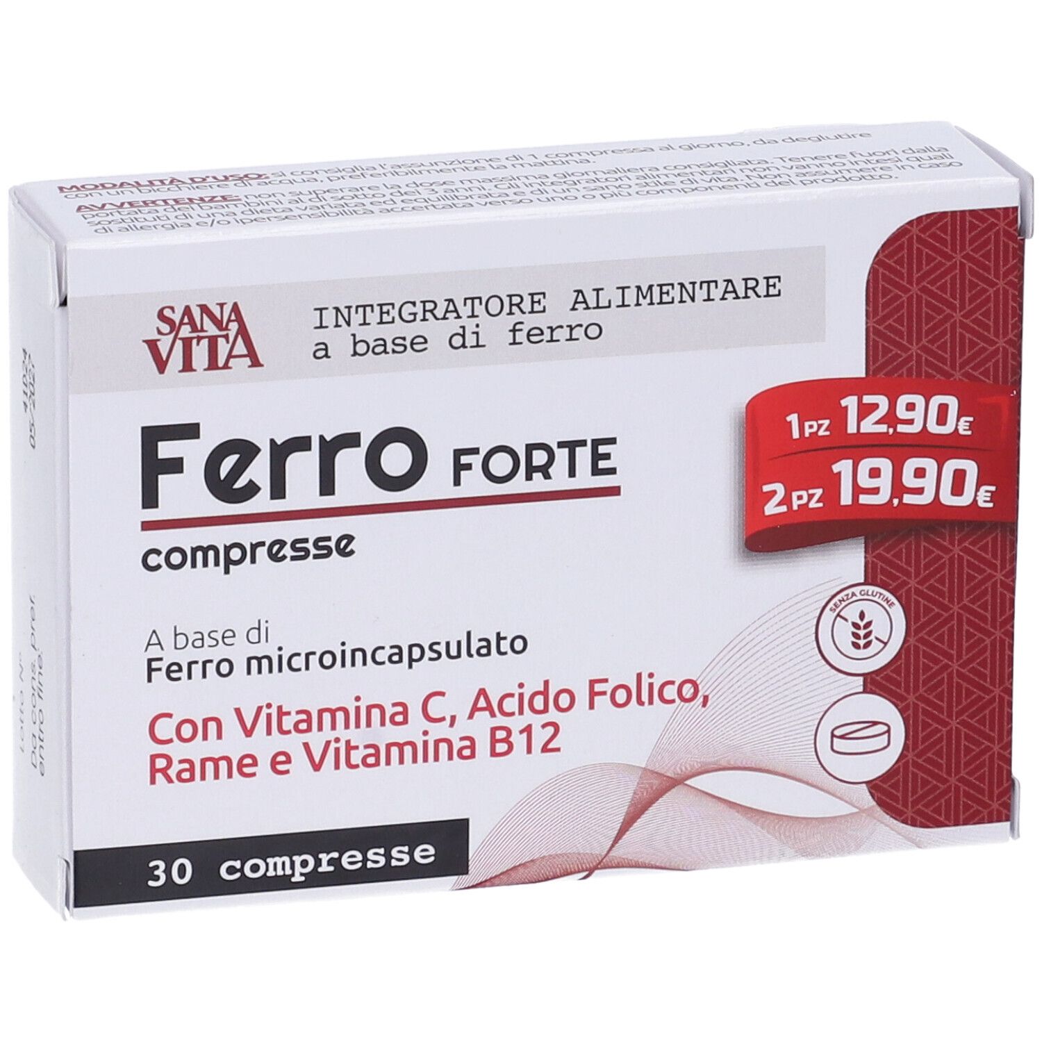 Scatola di Sanavita Ferro Forte Compresse. Contiene 30 compresse. Con Vitamina C, acido folico, rame e Vitamina B12. Prezzi esposti.