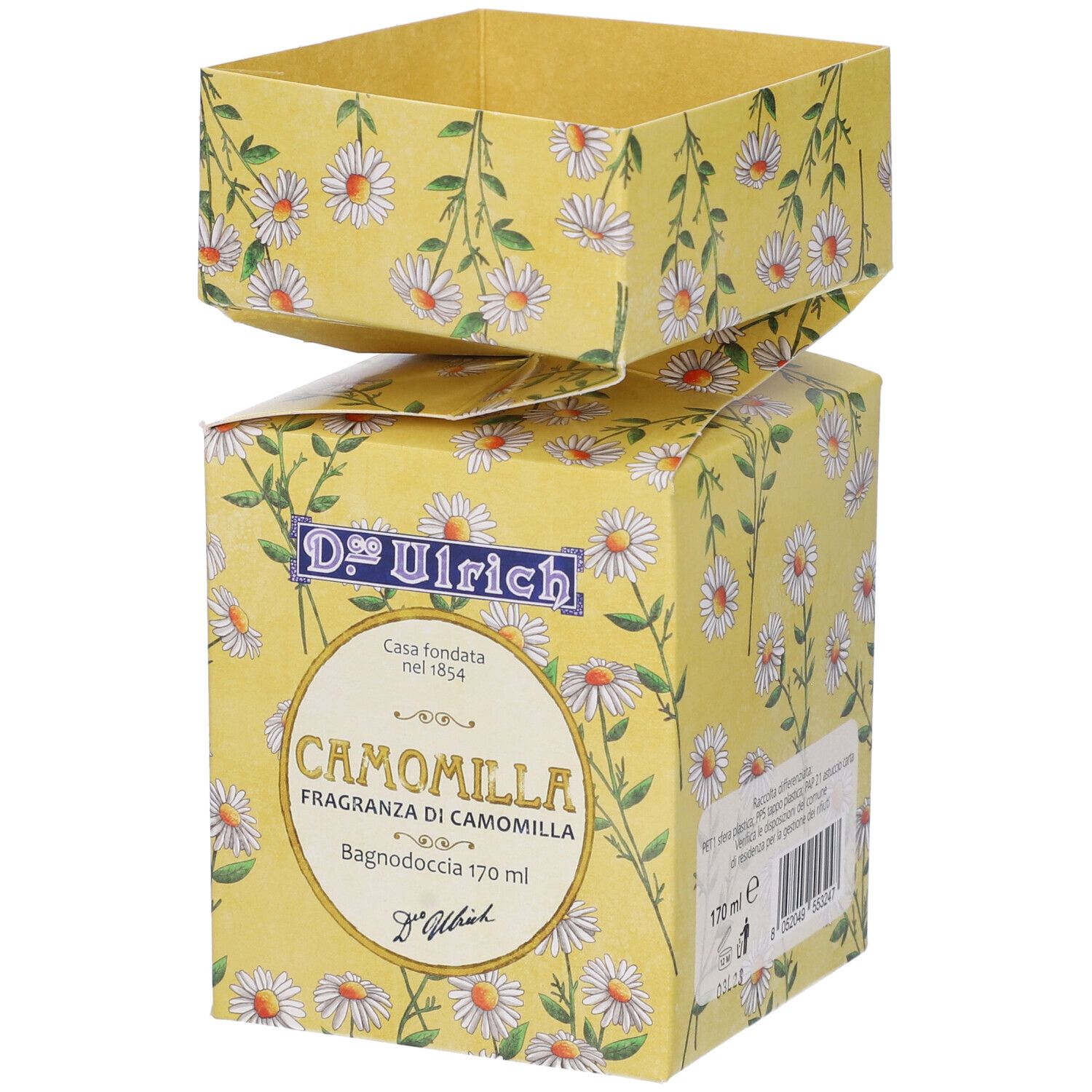Scatola gialla con motivo floreale di camomilla. Scritta: D. Ulrich, Camomilla, Bagnodoccia 170 ml.