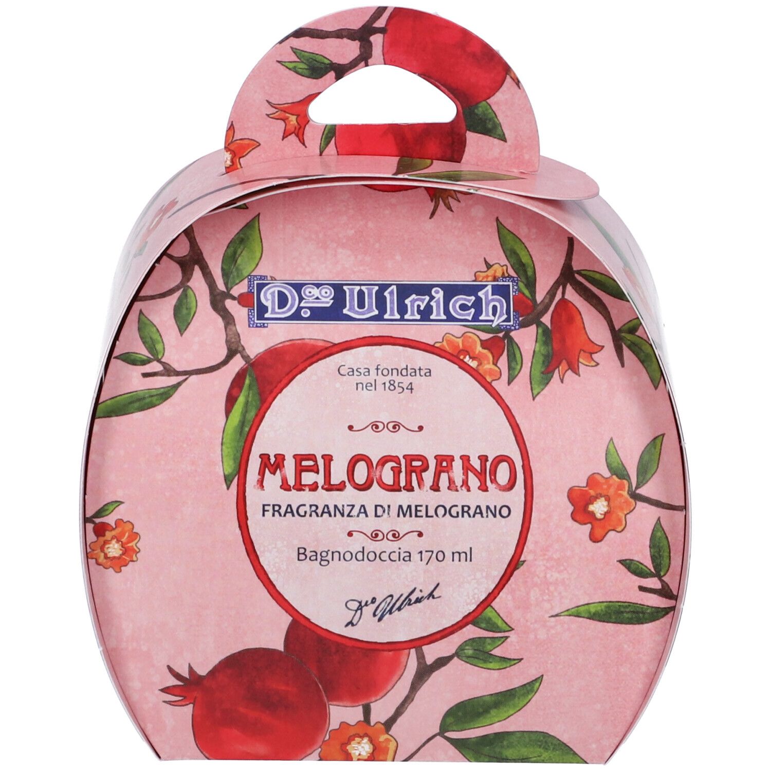 Confezione rotonda rosa con manico, motivo melograno. Testo: D.co Ulrich, Melograno, Bagnodoccia 170 ml.