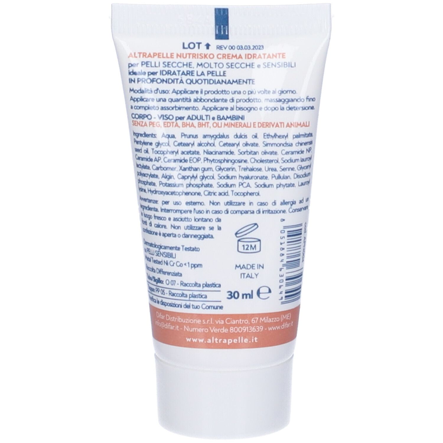 Retro del tubo crema. Testo: "Altrapelle Nutrisko Crema Idratante". Ingredienti, istruzioni. 30 ml. Prodotto in Italia.