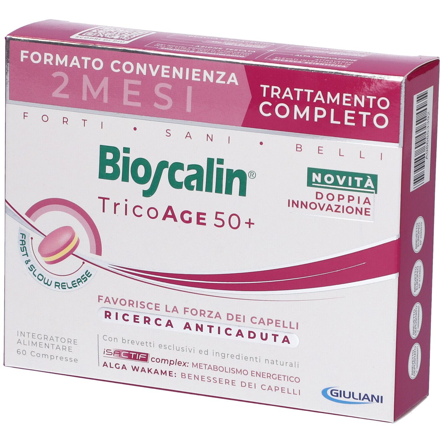 Scatola Bioscalin TricoAge 50+. 2 mesi, 60 compresse. Confezione rosa e bianca con nome e dettagli del prodotto.
