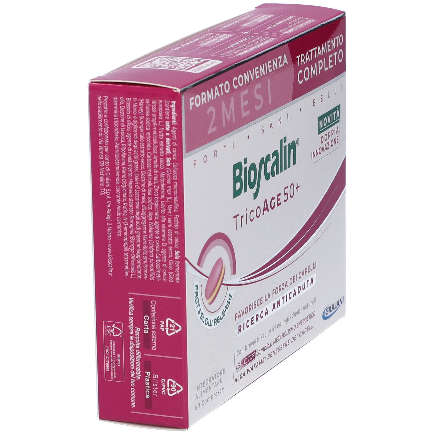 Scatola Bioscalin TricoAge 50+. Vista obliqua della confezione con nome e dettagli del prodotto.