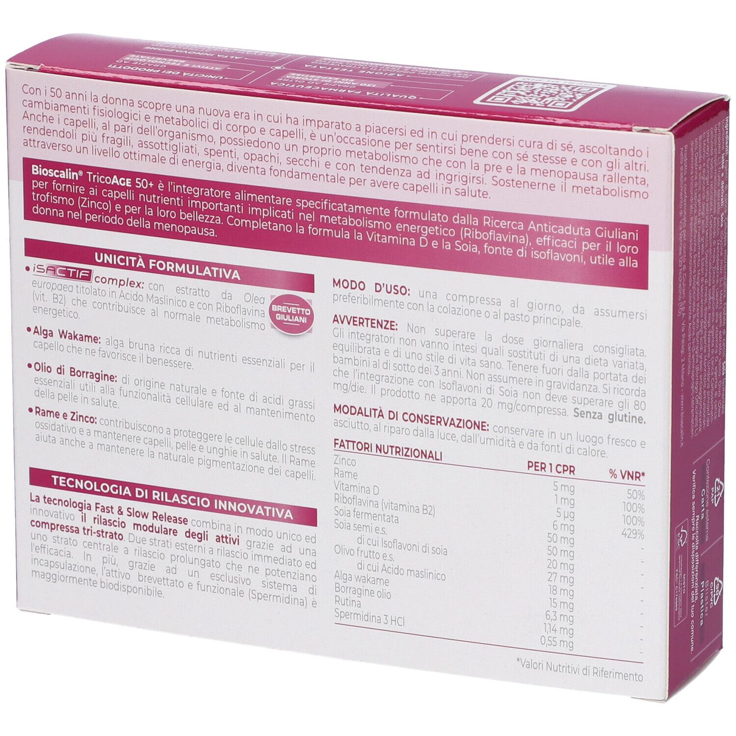 Retro della scatola Bioscalin TricoAge 50+. Informazioni testuali e nutrizionali.