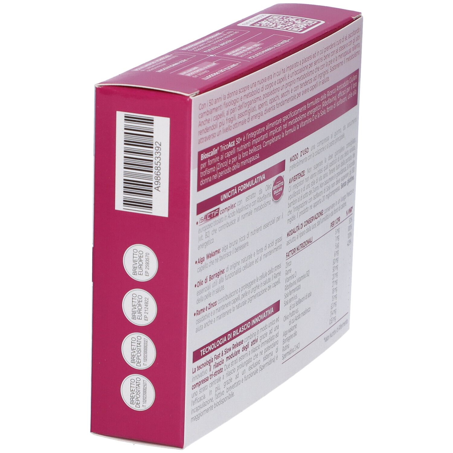 Scatola Bioscalin TricoAge 50+. Vista obliqua della confezione con codice a barre e testo.