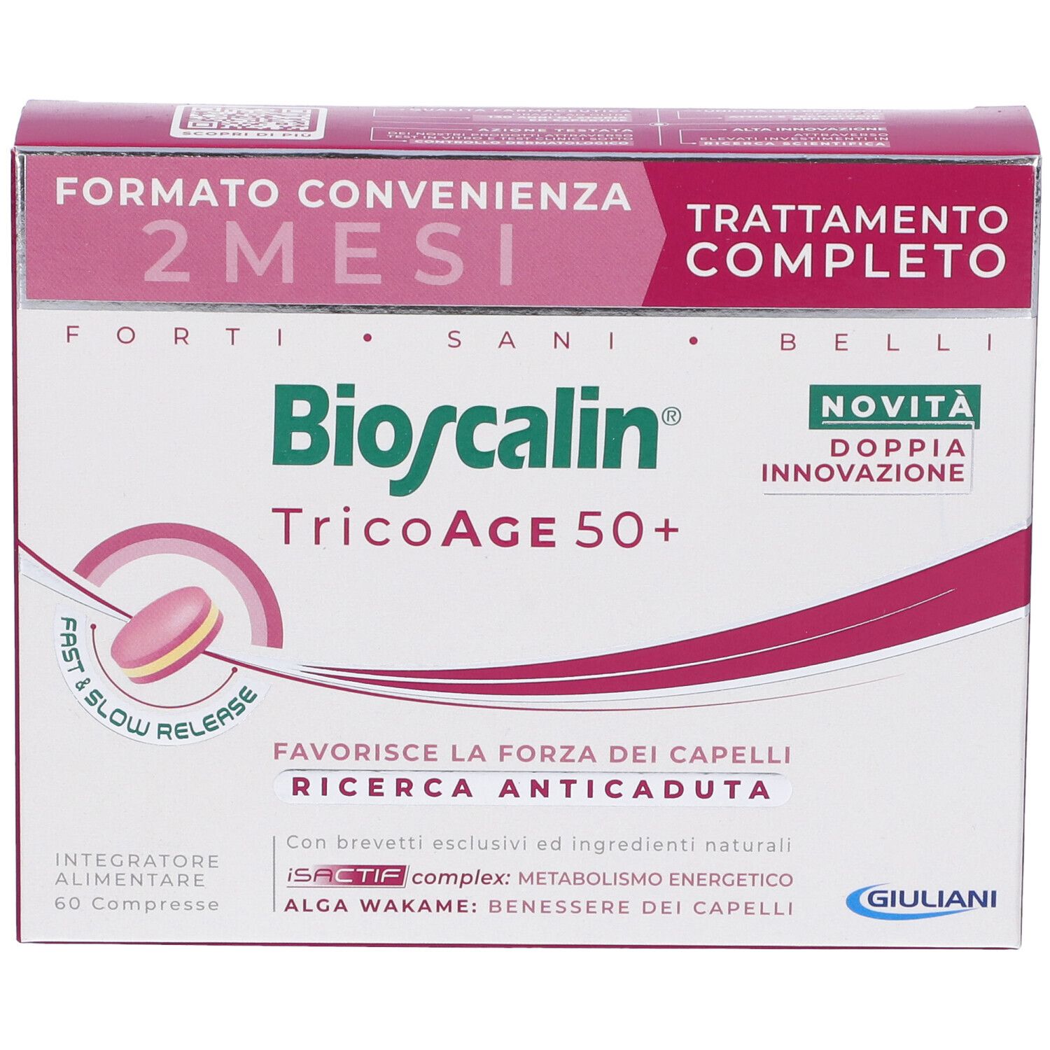 Scatola Bioscalin TricoAge 50+. 2 mesi, 60 compresse. Confezione rosa e bianca con nome e dettagli del prodotto.