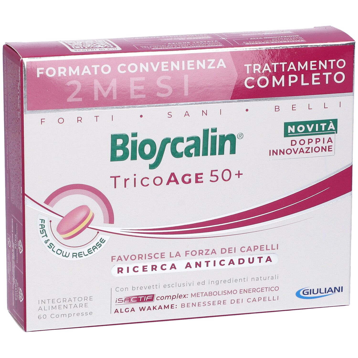 Scatola Bioscalin TricoAge 50+. 2 mesi, 60 compresse. Confezione rosa e bianca con nome e dettagli del prodotto.