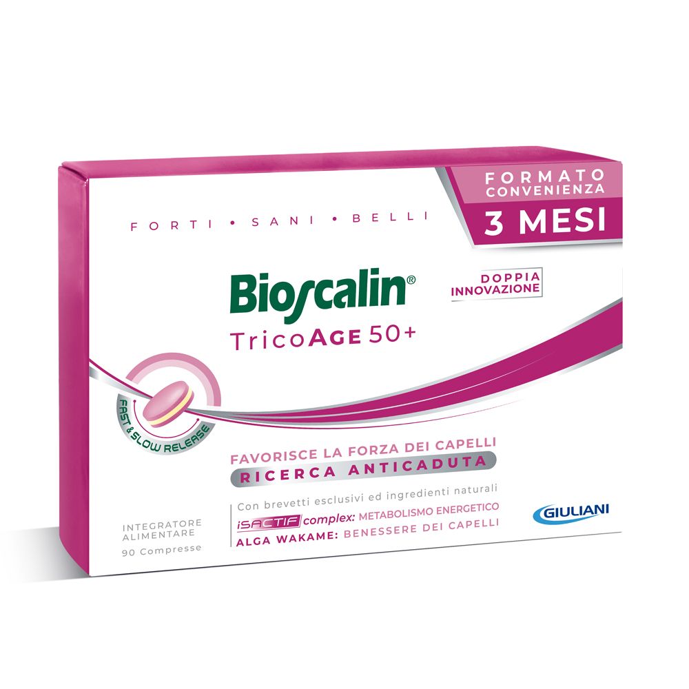 Scatola Bioscalin TricoAge 50+. Confezione rosa e bianca con nome del prodotto e '3 mesi'. Contiene 90 compresse.