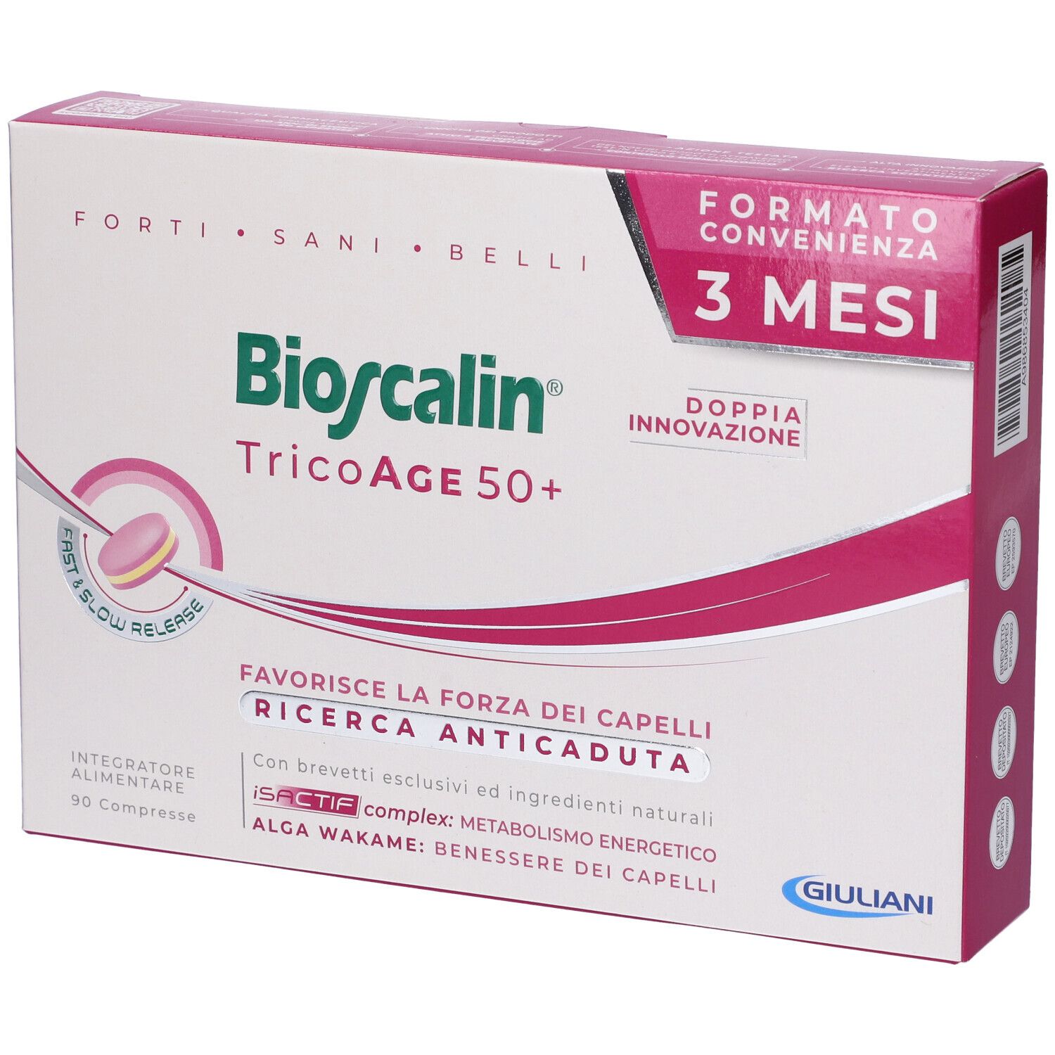Scatola Bioscalin TricoAge 50+. Confezione rosa e bianca con nome del prodotto e '3 mesi'. Contiene 90 compresse.