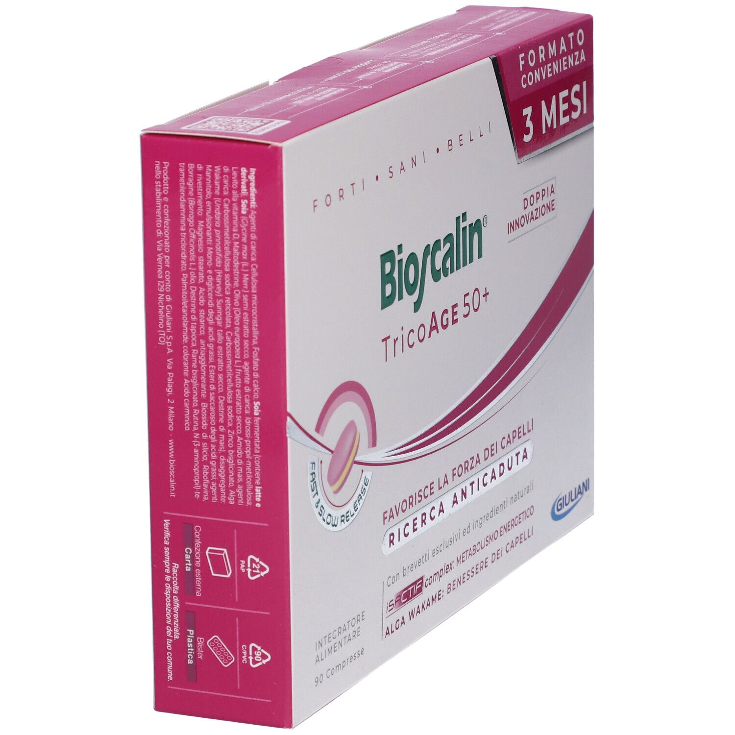 Scatola Bioscalin TricoAge 50+. Retro della scatola con testo e informazioni nutrizionali. Rosa e bianco.