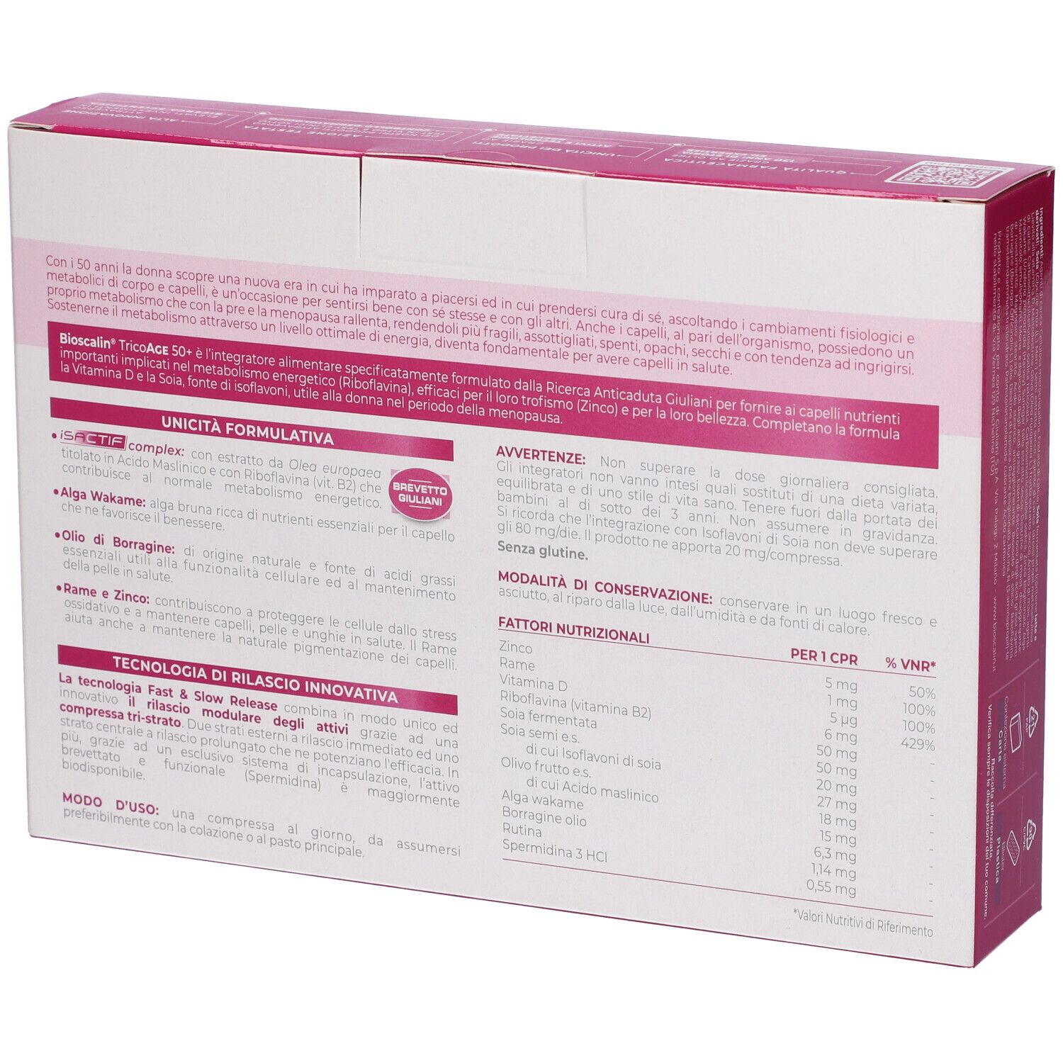 Scatola Bioscalin TricoAge 50+. Retro della scatola con testo e informazioni nutrizionali. Rosa e bianco.