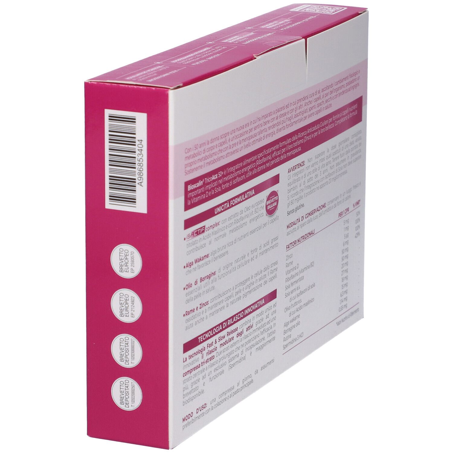 Scatola Bioscalin TricoAge 50+. Confezione rosa e bianca con nome del prodotto e '3 mesi'. Contiene 90 compresse.