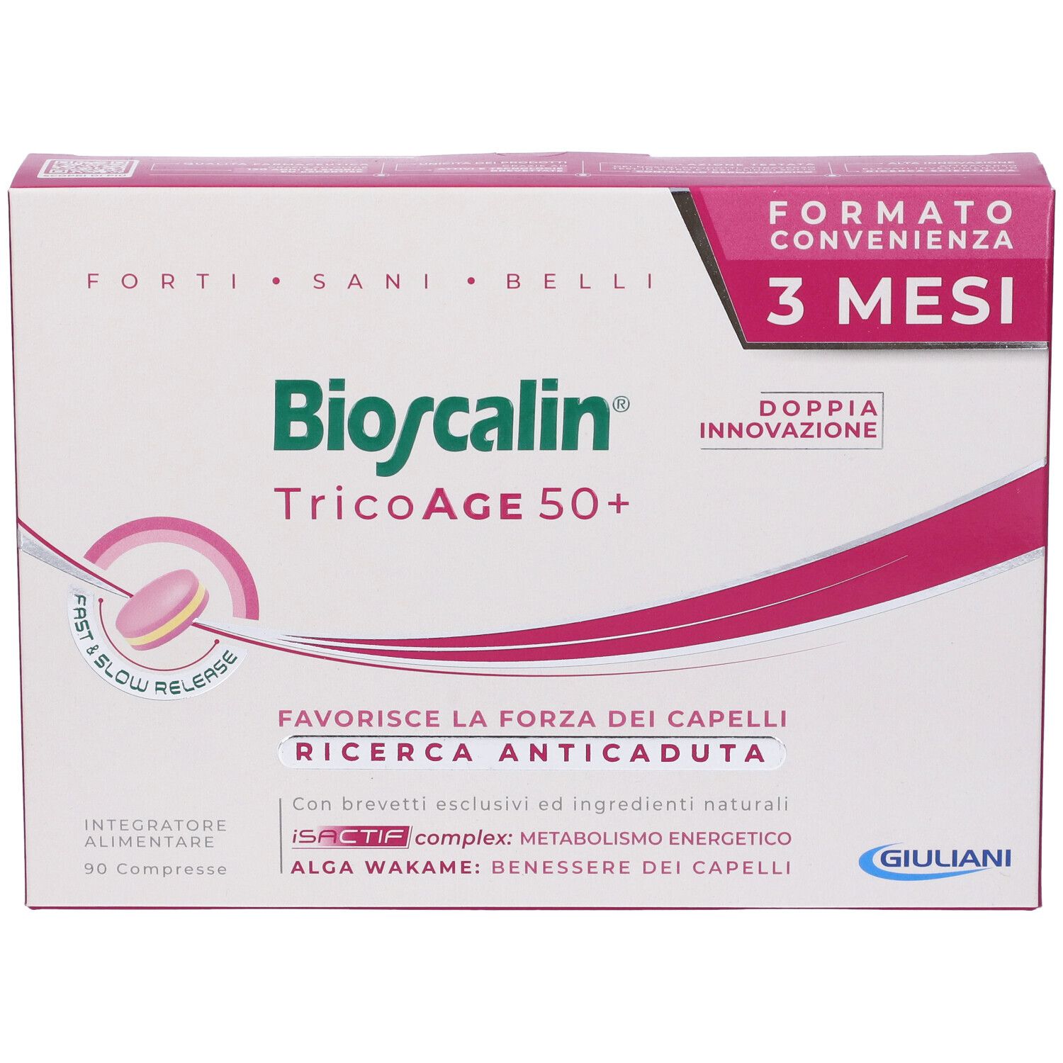 Scatola Bioscalin TricoAge 50+. Confezione rosa e bianca con nome del prodotto e '3 mesi'. Contiene 90 compresse.