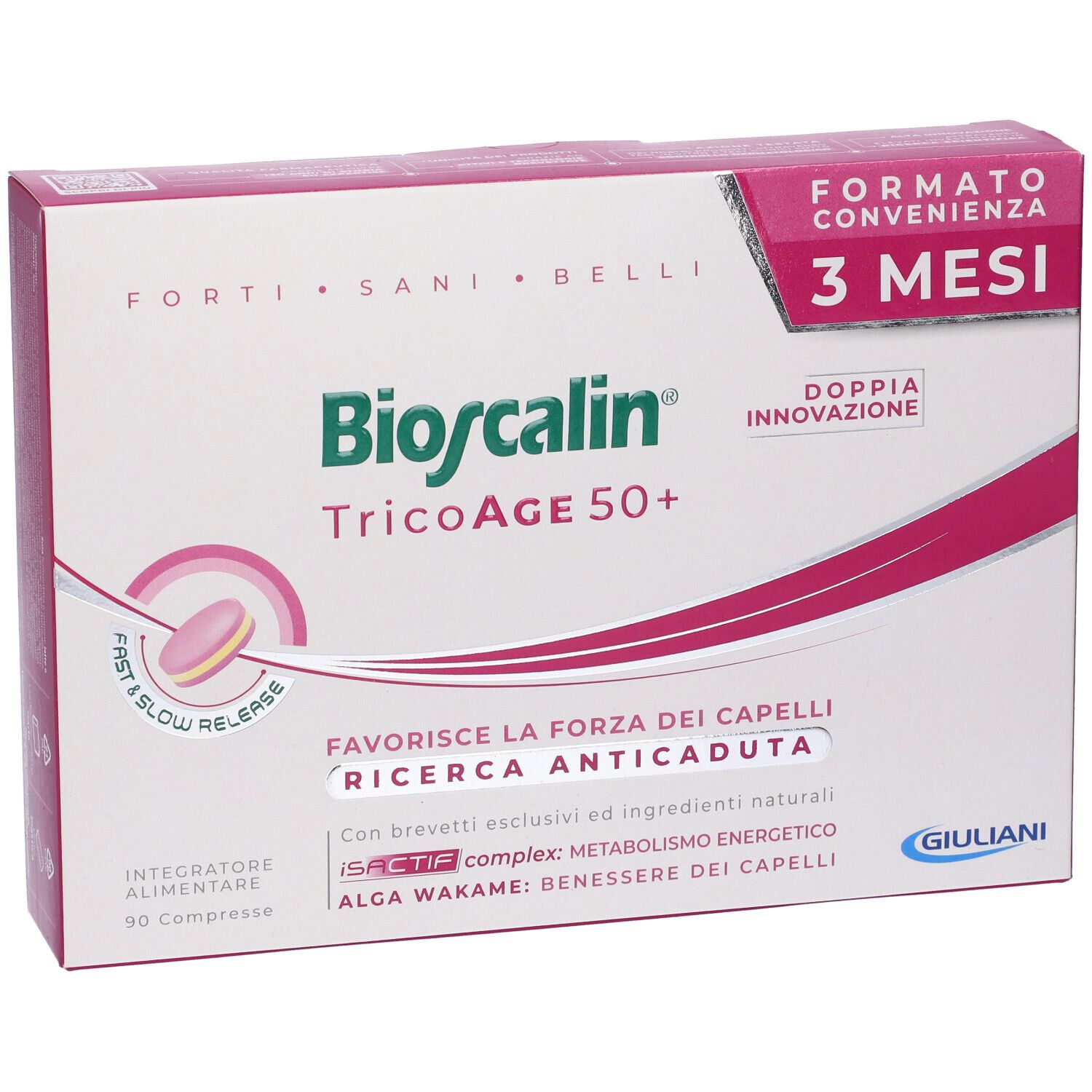 Scatola Bioscalin TricoAge 50+. Confezione rosa e bianca con nome del prodotto e '3 mesi'. Contiene 90 compresse.