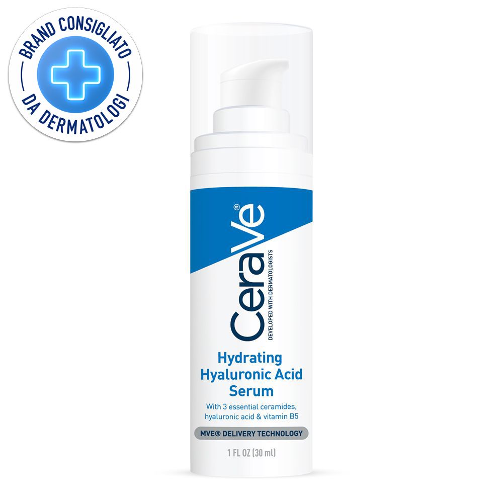 Flacone bianco con banda blu. Siero CeraVe con acido ialuronico. Con pompa e tappo. Testato dermatologicamente.
