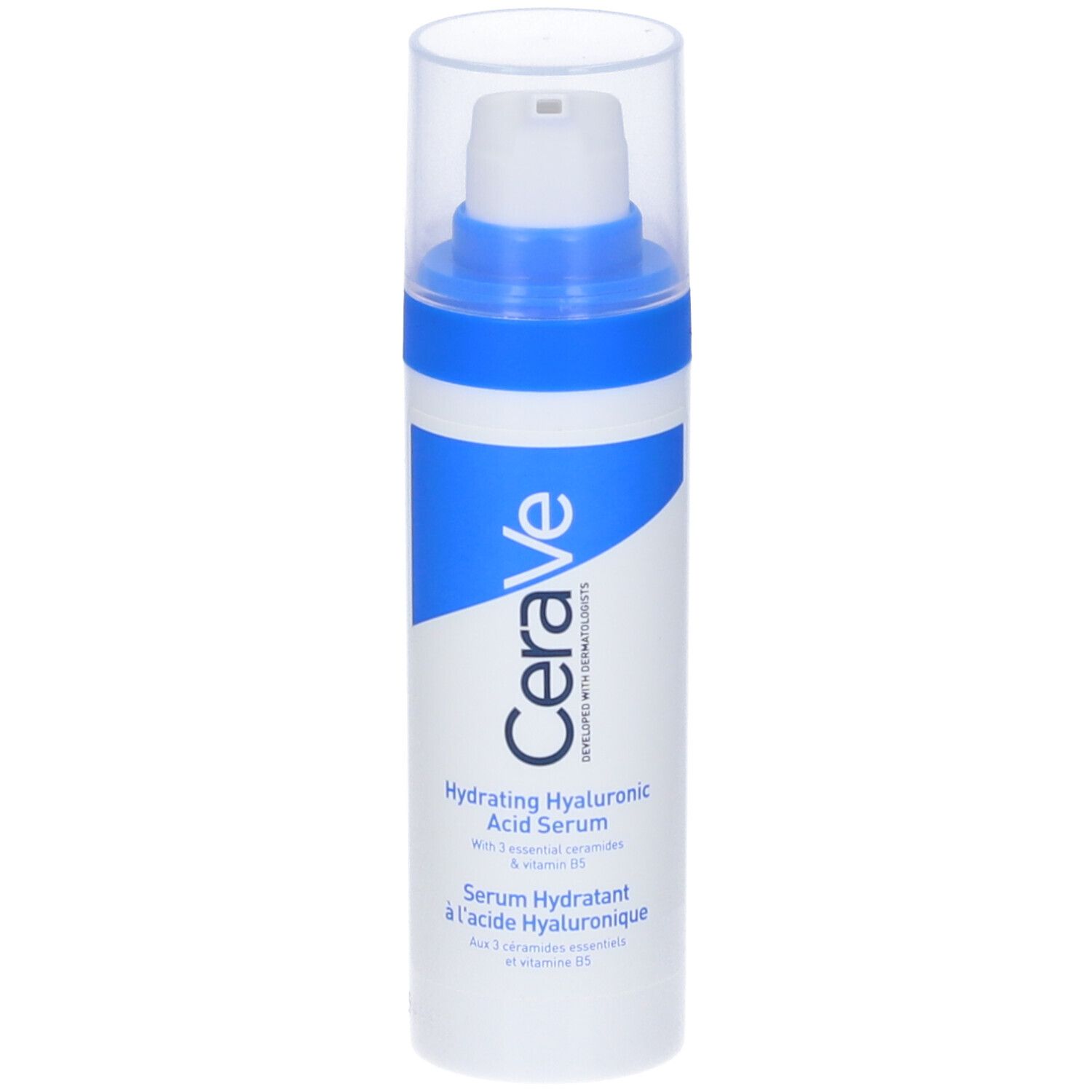 Flacone di siero CeraVe. Bianco, blu, con pompa. Testo: Hydrating Hyaluronic Acid Serum. Etichetta francese.