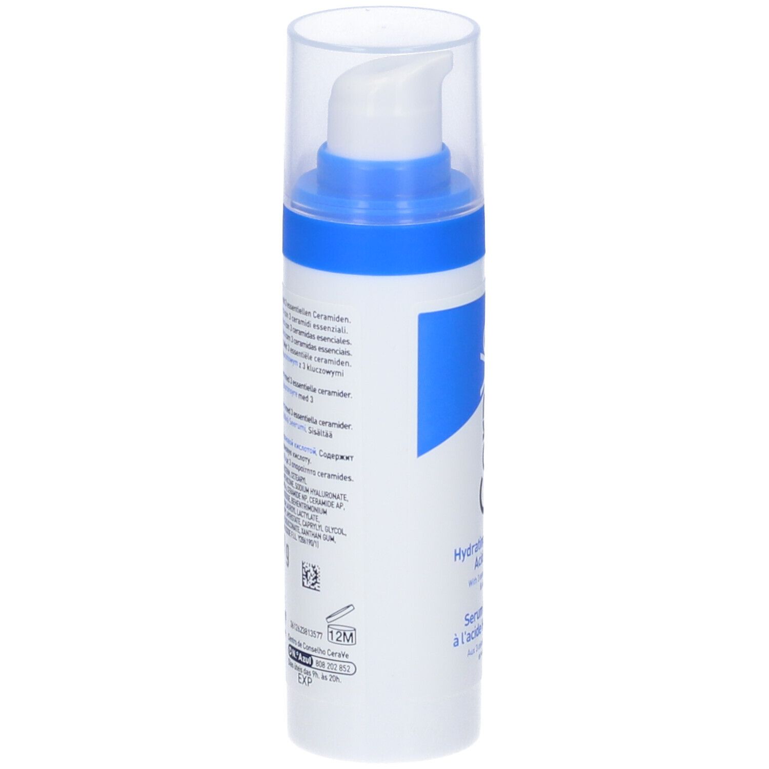 Retro del flacone di siero CeraVe. Testo multilingue. Ingredienti e istruzioni per l'uso.