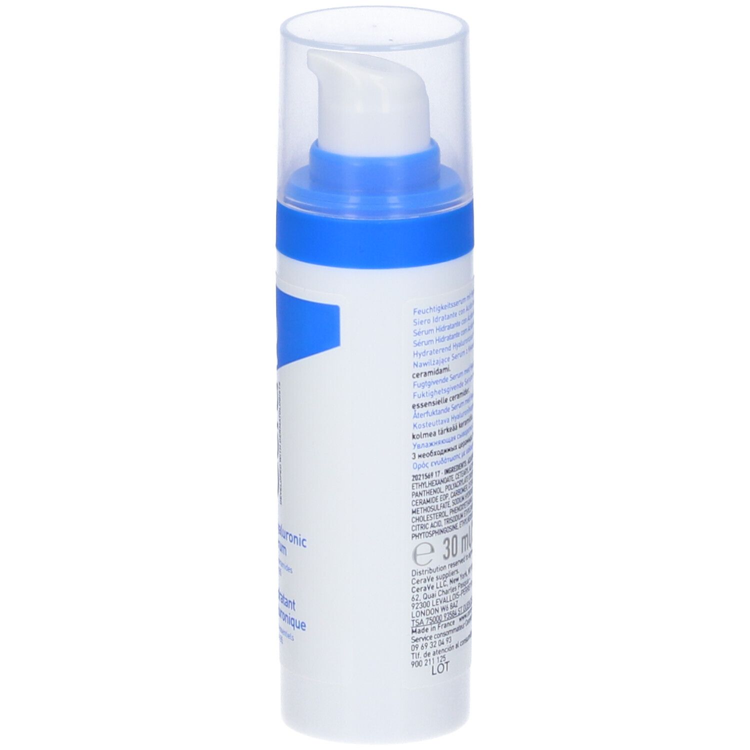 Retro del flacone di siero CeraVe. Testo multilingue. Ingredienti e istruzioni per l'uso.