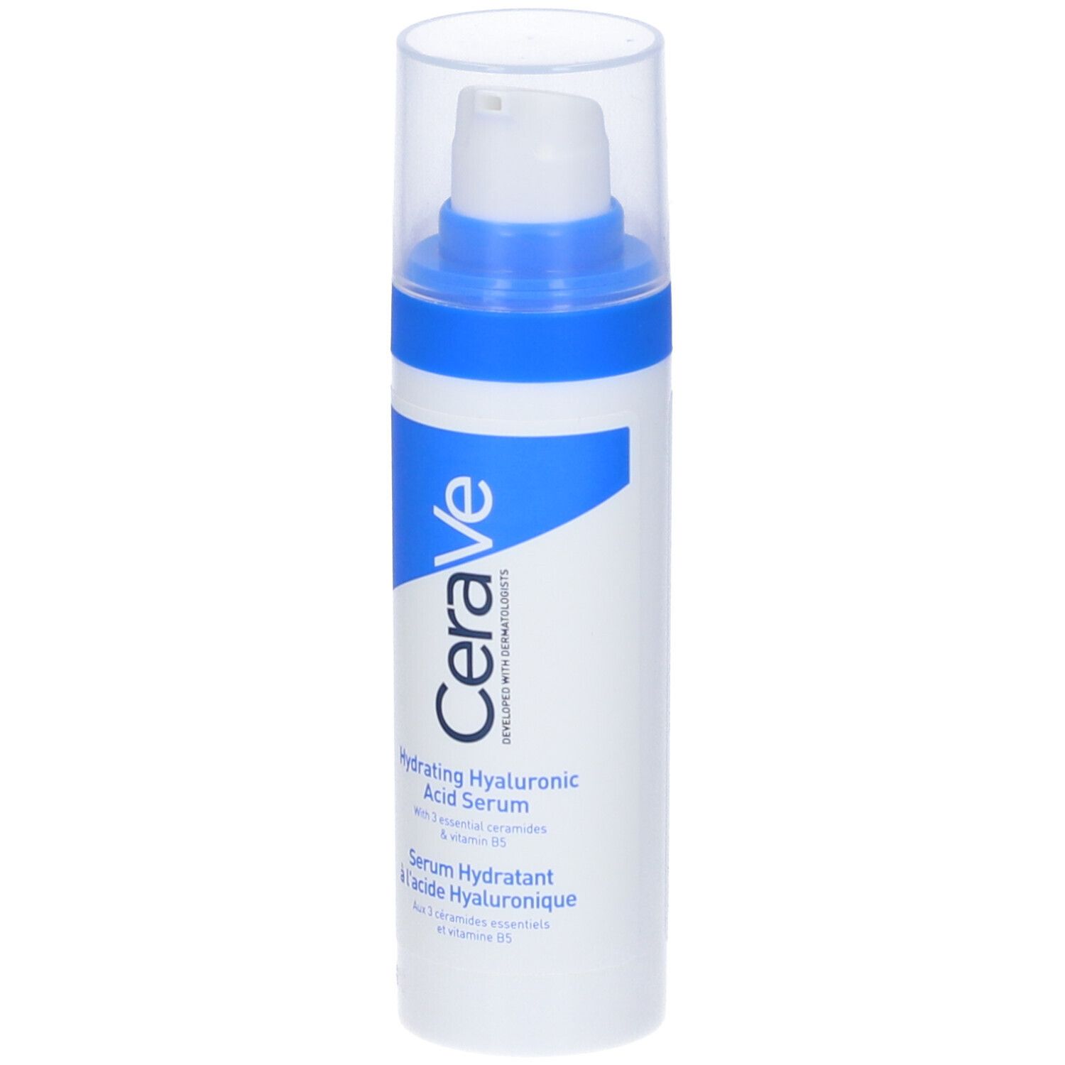 Flacone di siero CeraVe. Bianco, blu, con pompa. Testo: Hydrating Hyaluronic Acid Serum. Etichetta francese.