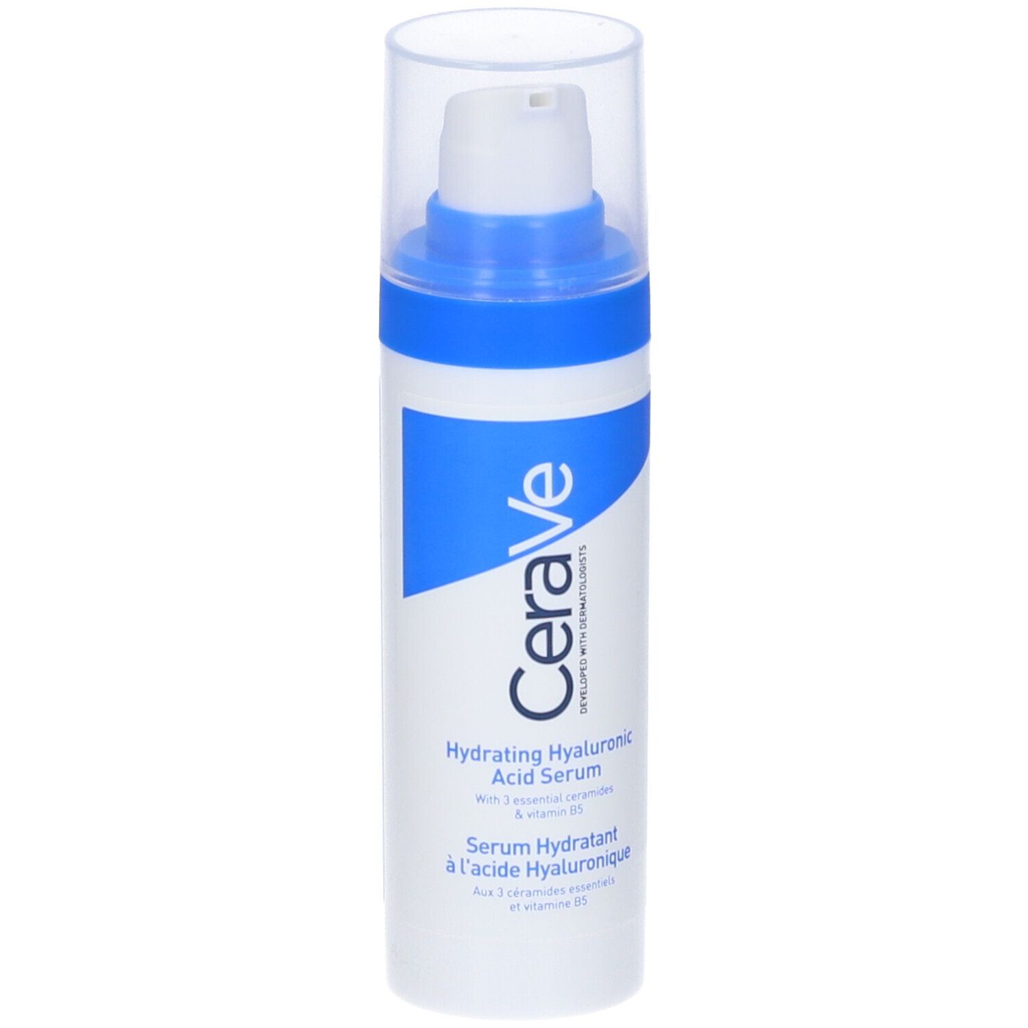 Flacone di siero CeraVe. Bianco, blu, con pompa. Testo: Hydrating Hyaluronic Acid Serum. Etichetta francese.