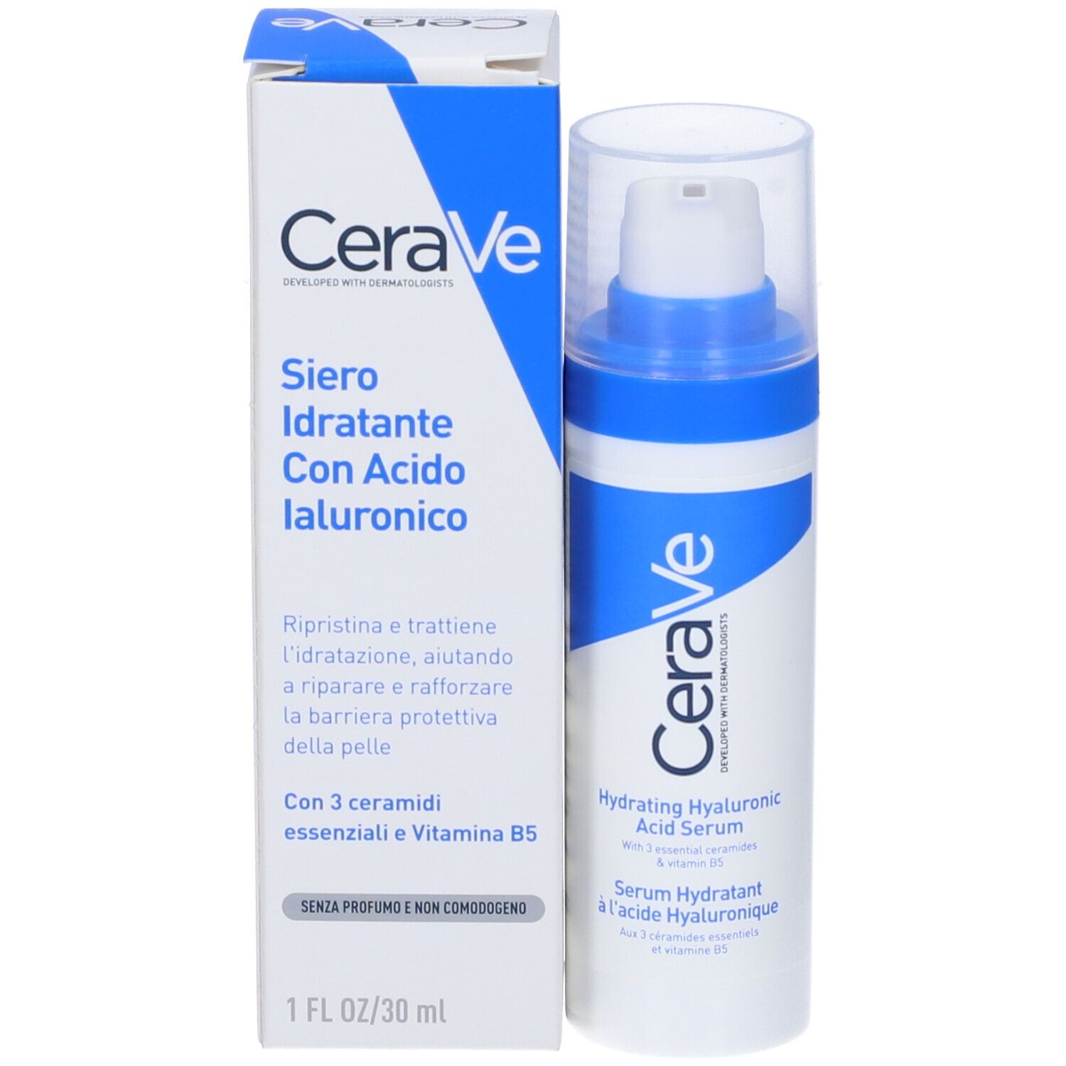 Siero CeraVe e confezione. Bianco, blu. Testo: Siero Idratante Con Acido Ialuronico. 1 fl oz/30 ml.