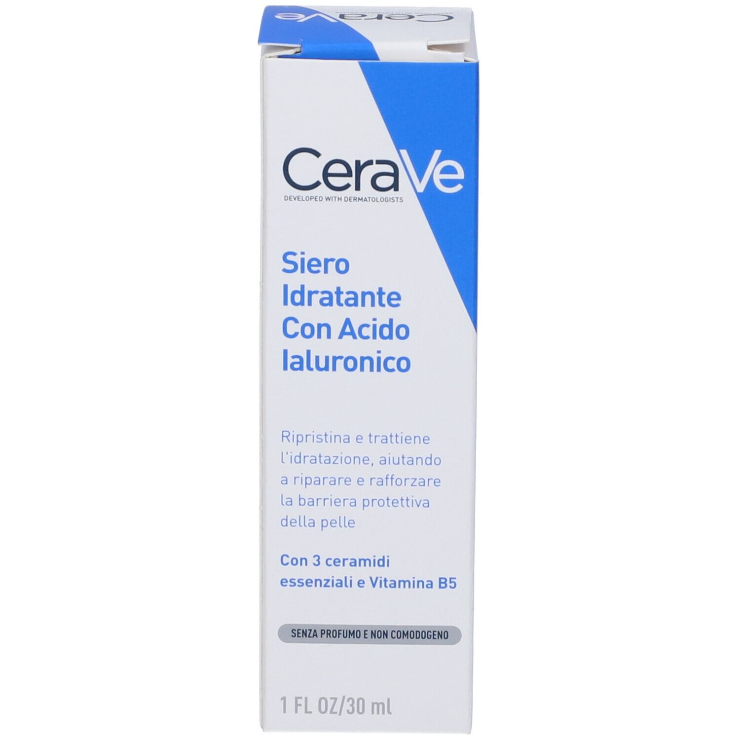 Confezione del siero CeraVe. Bianco, blu. Testo: Siero Idratante Con Acido Ialuronico. 1 fl oz/30 ml.