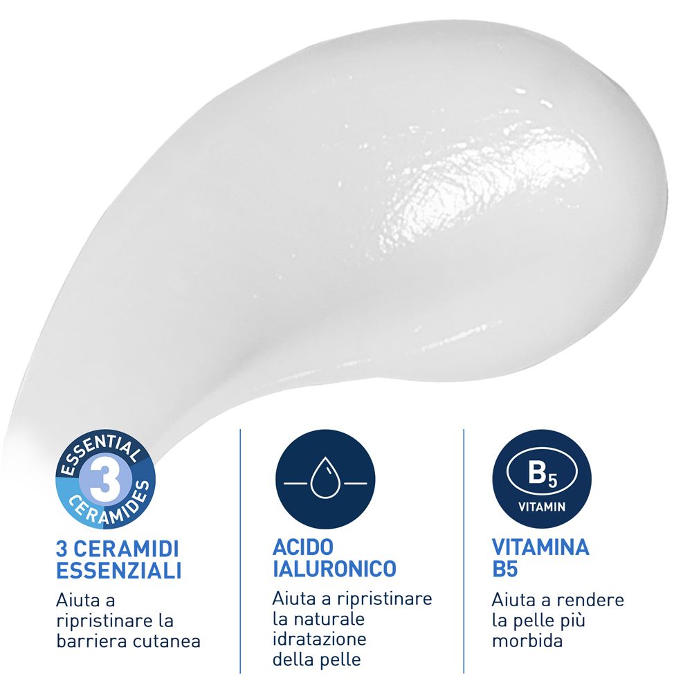 Siero bianco su sfondo bianco. 3 simboli: 3 ceramidi, acido ialuronico, vitamina B5. Testo in italiano.