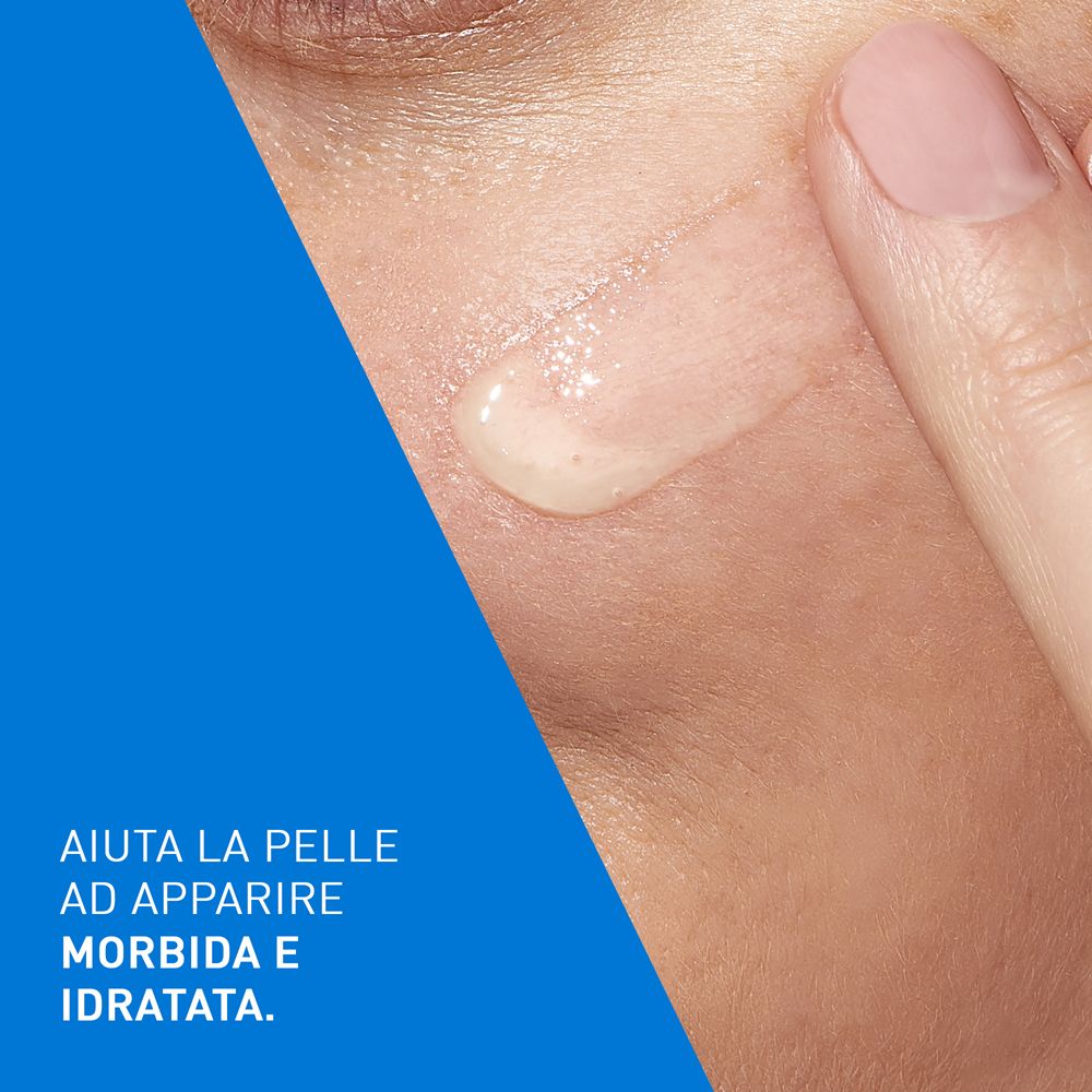 Pelle con siero. Siero sulla pelle. Testo in italiano: Aiuta la pelle ad apparire morbida e idratata.