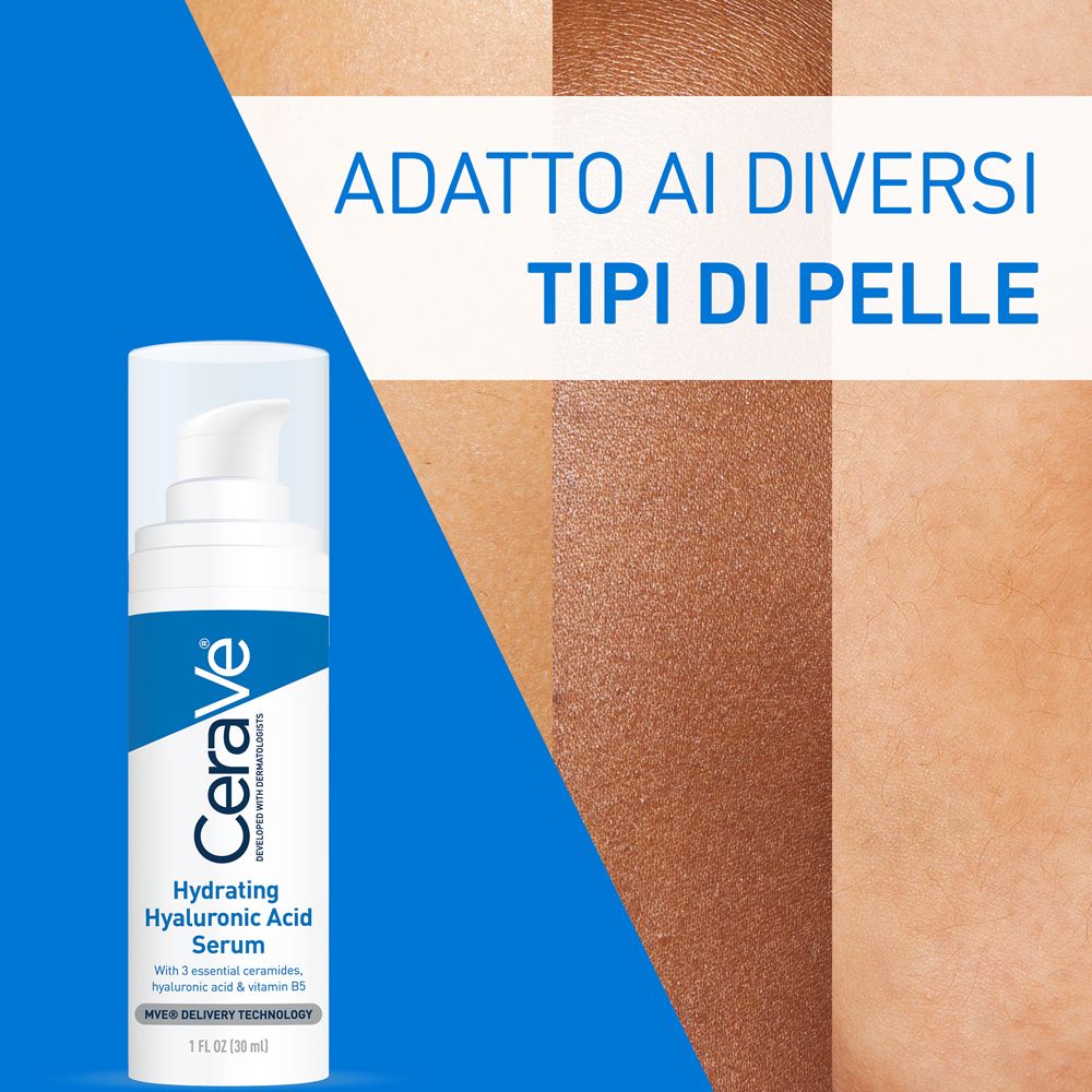 Flacone di siero CeraVe accanto a tipi di pelle. Testo in italiano: Adatto ai diversi tipi di pelle.